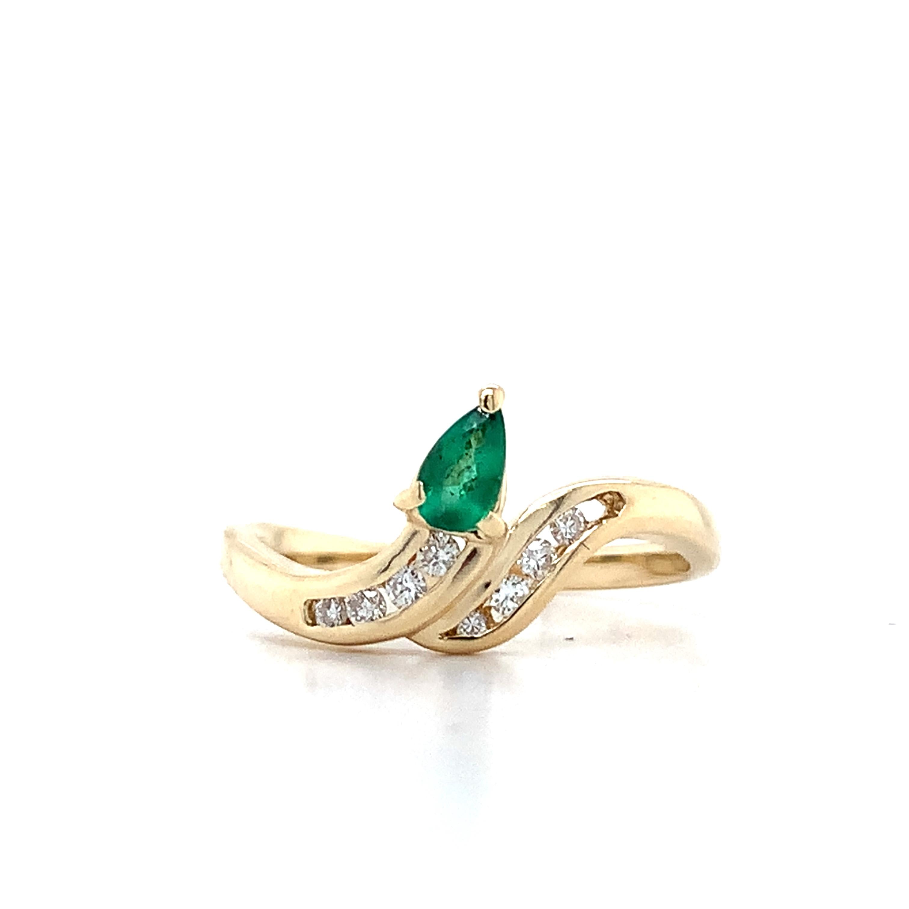 14K Yellow Gold Pear Cut Emerald With Channel Set Accent Diamond Bypass Ring