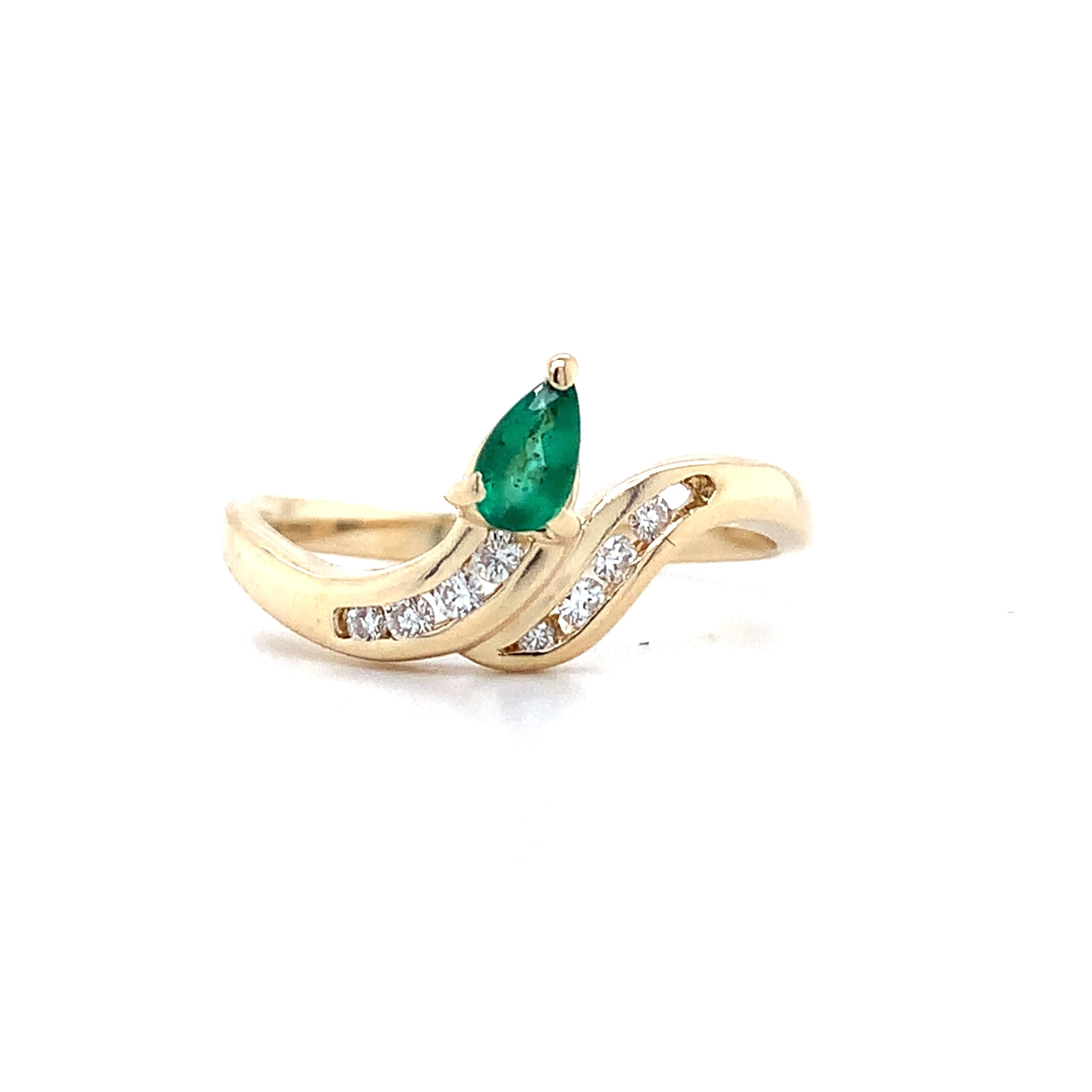 14K Yellow Gold Pear Cut Emerald With Channel Set Accent Diamond Bypass Ring