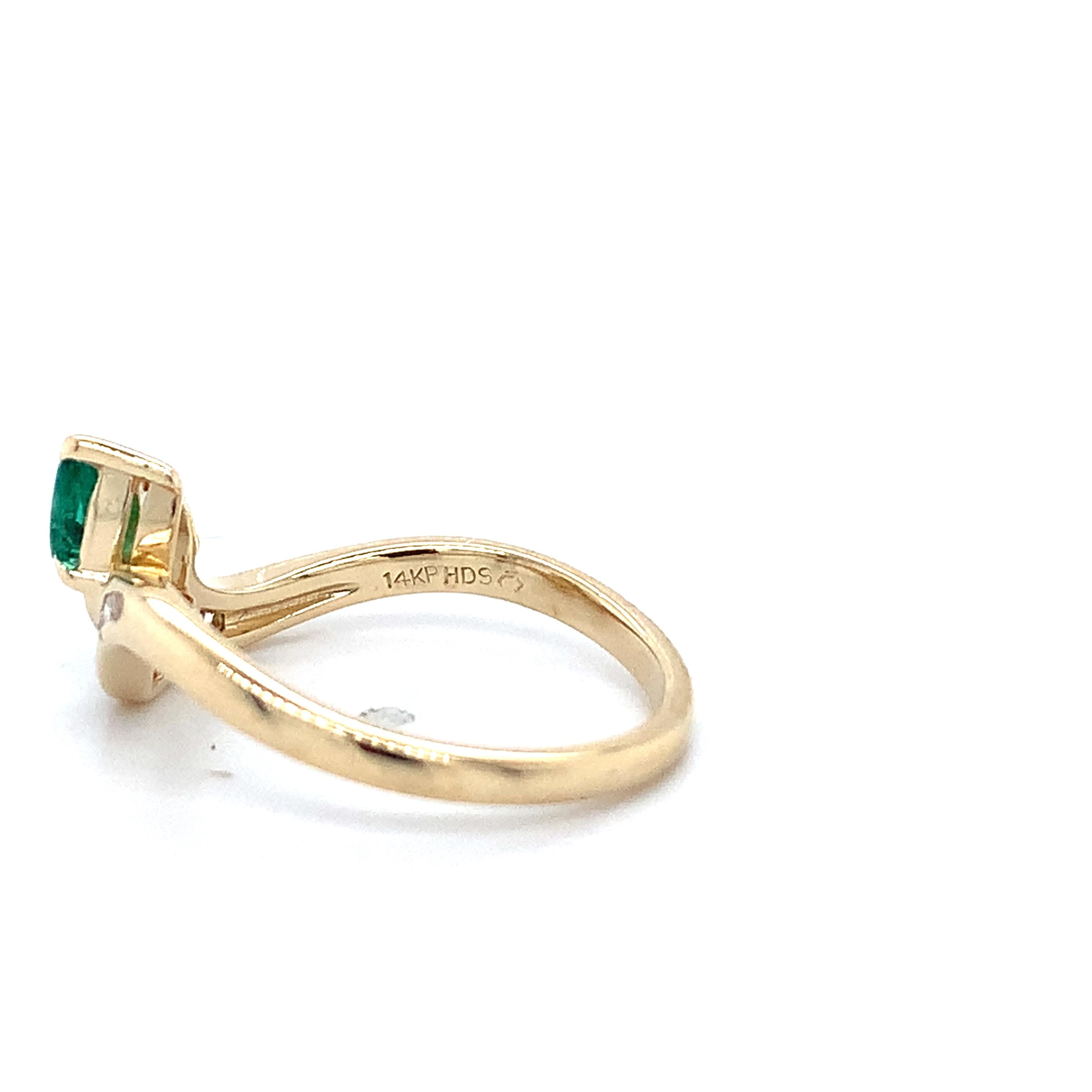 14K Yellow Gold Pear Cut Emerald With Channel Set Accent Diamond Bypass Ring
