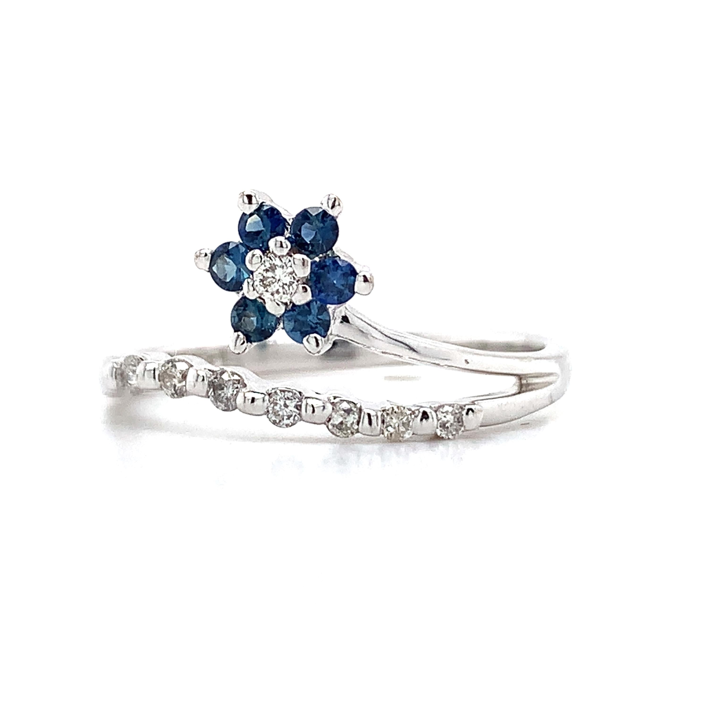 14K White Gold Blue Sapphire And .1ct Round Diamond Split Shank Flower Band Ring