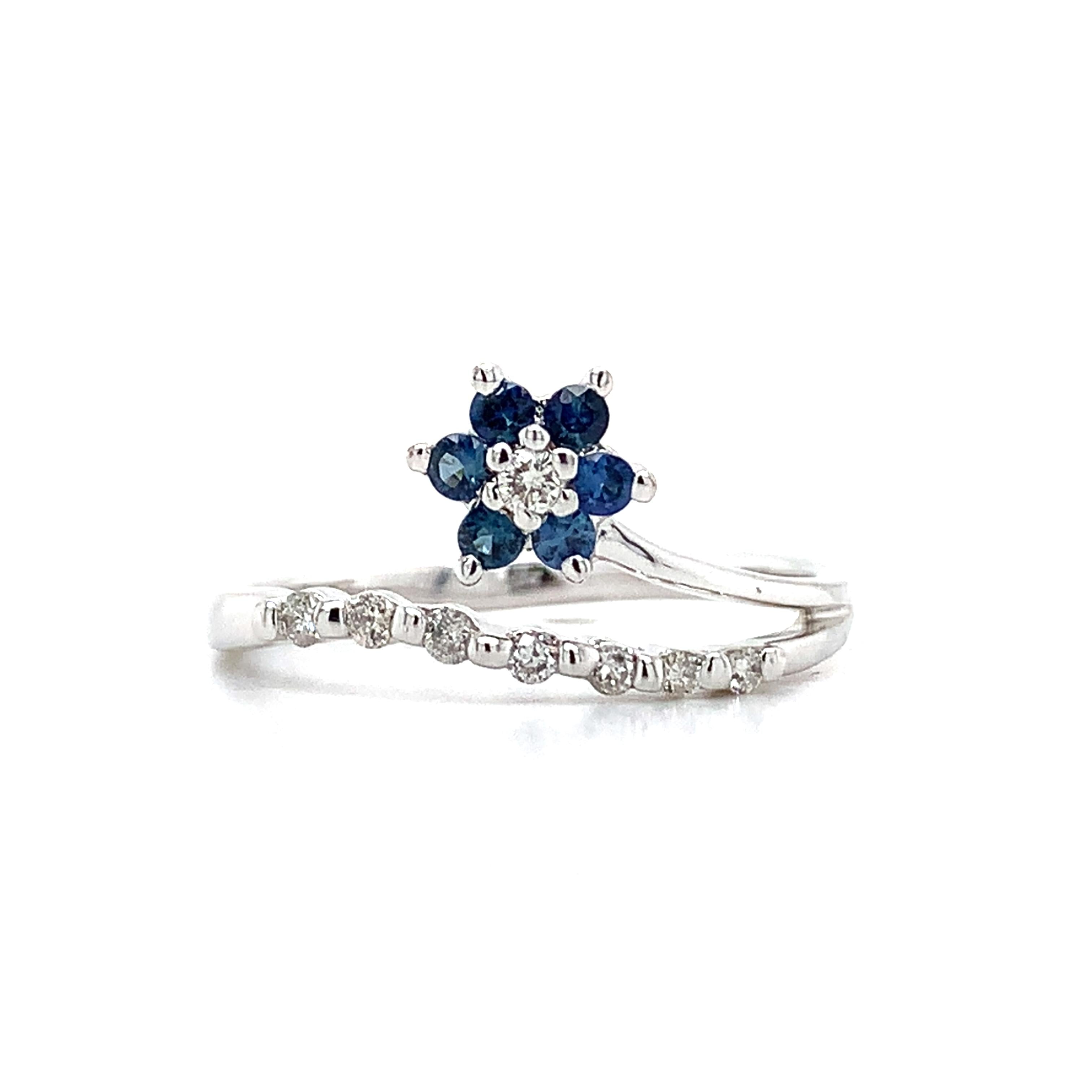14K White Gold Blue Sapphire And .1ct Round Diamond Split Shank Flower Band Ring