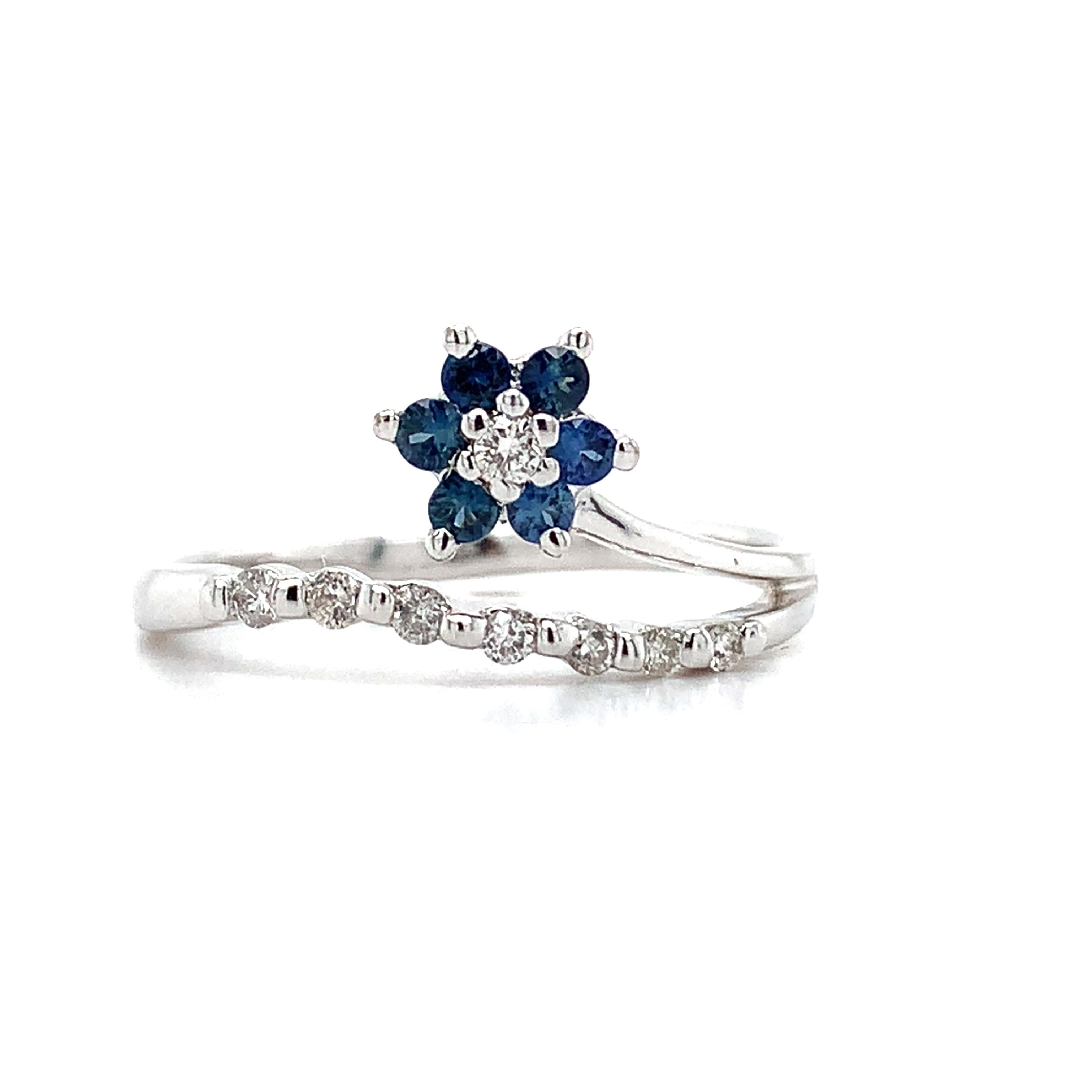 14K White Gold Blue Sapphire And .1ct Round Diamond Split Shank Flower Band Ring