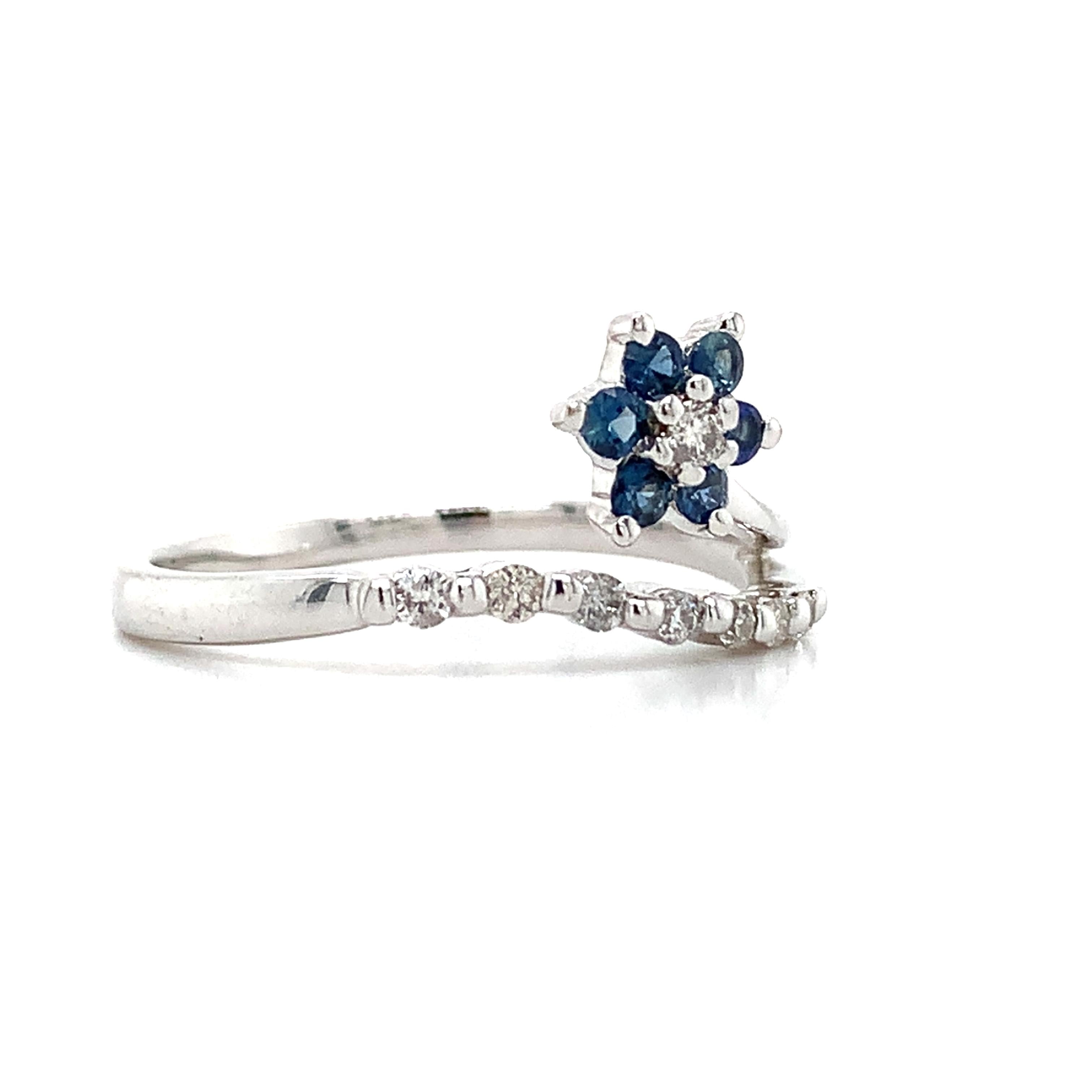 14K White Gold Blue Sapphire And .1ct Round Diamond Split Shank Flower Band Ring