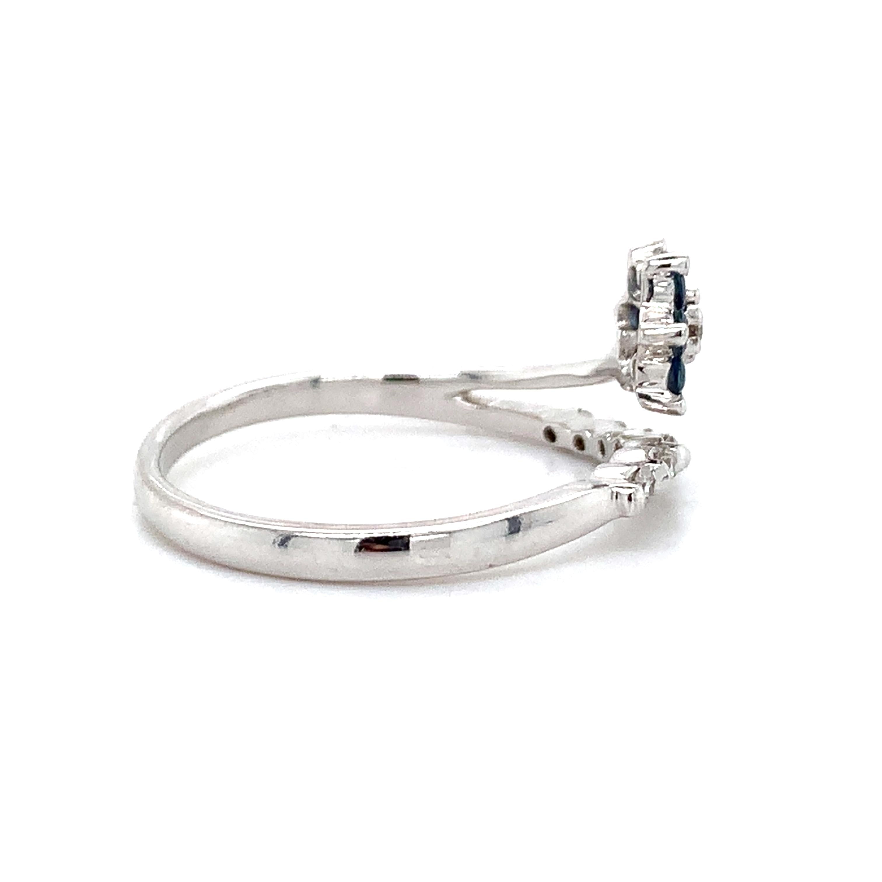 14K White Gold Blue Sapphire And .1ct Round Diamond Split Shank Flower Band Ring