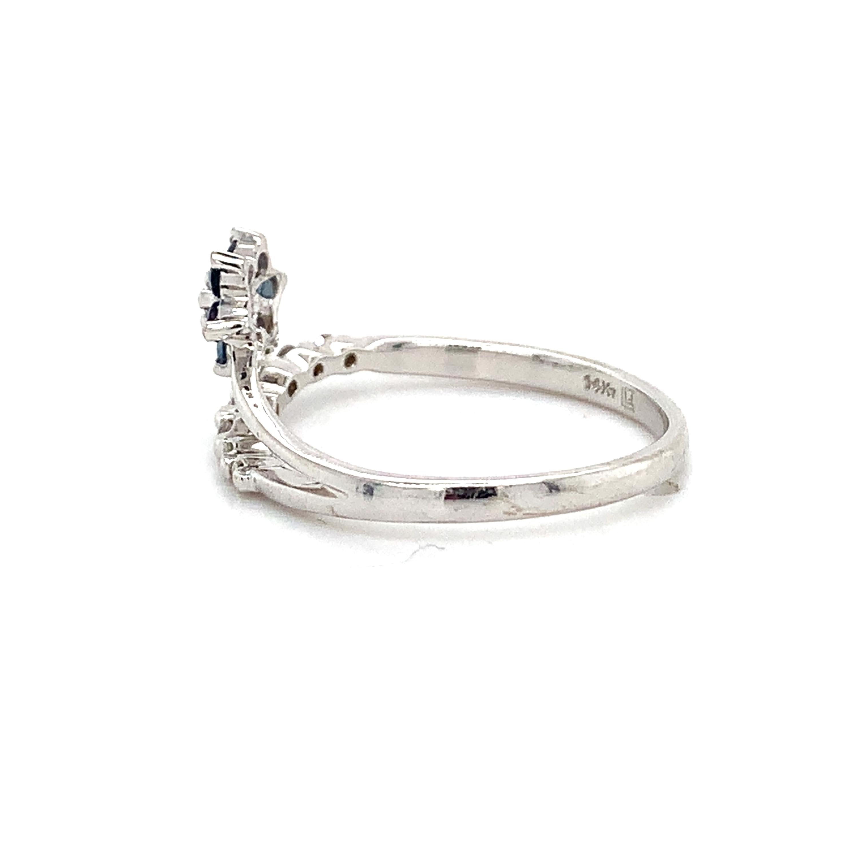 14K White Gold Blue Sapphire And .1ct Round Diamond Split Shank Flower Band Ring