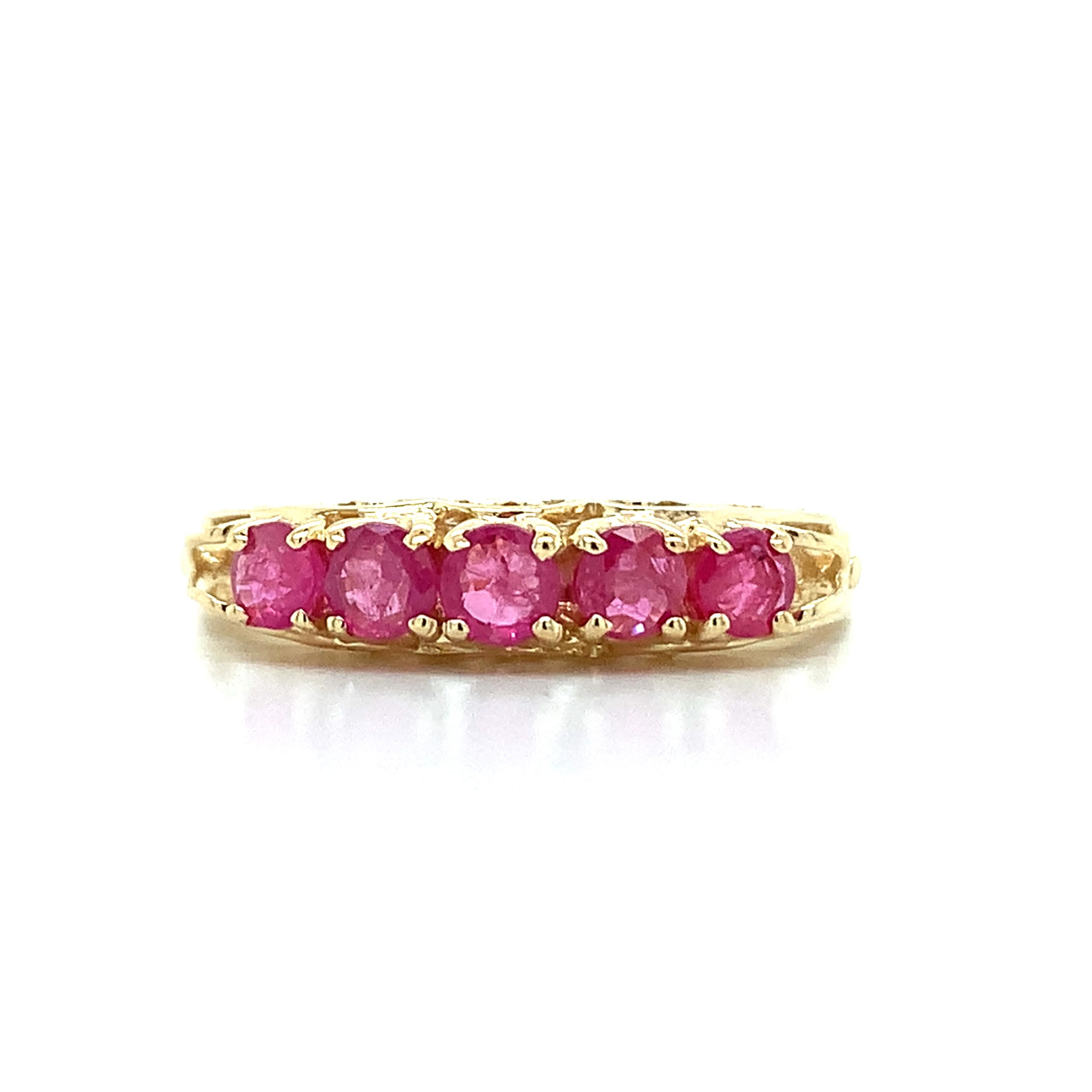 Vintage 14K Yellow Gold High Set Round Shared Prongs Ruby 5 Stone Stackable Band