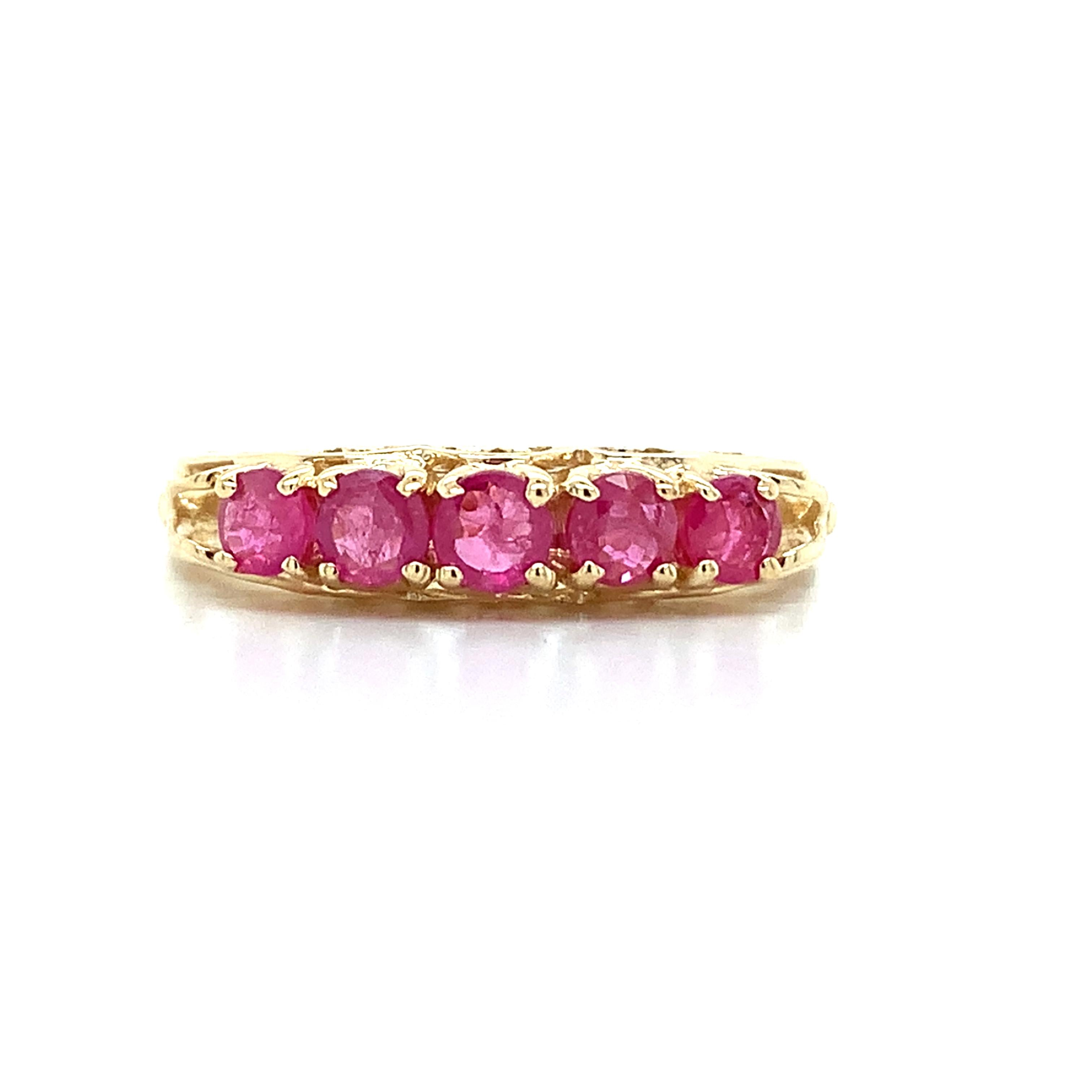Vintage 14K Yellow Gold High Set Round Shared Prongs Ruby 5 Stone Stackable Band