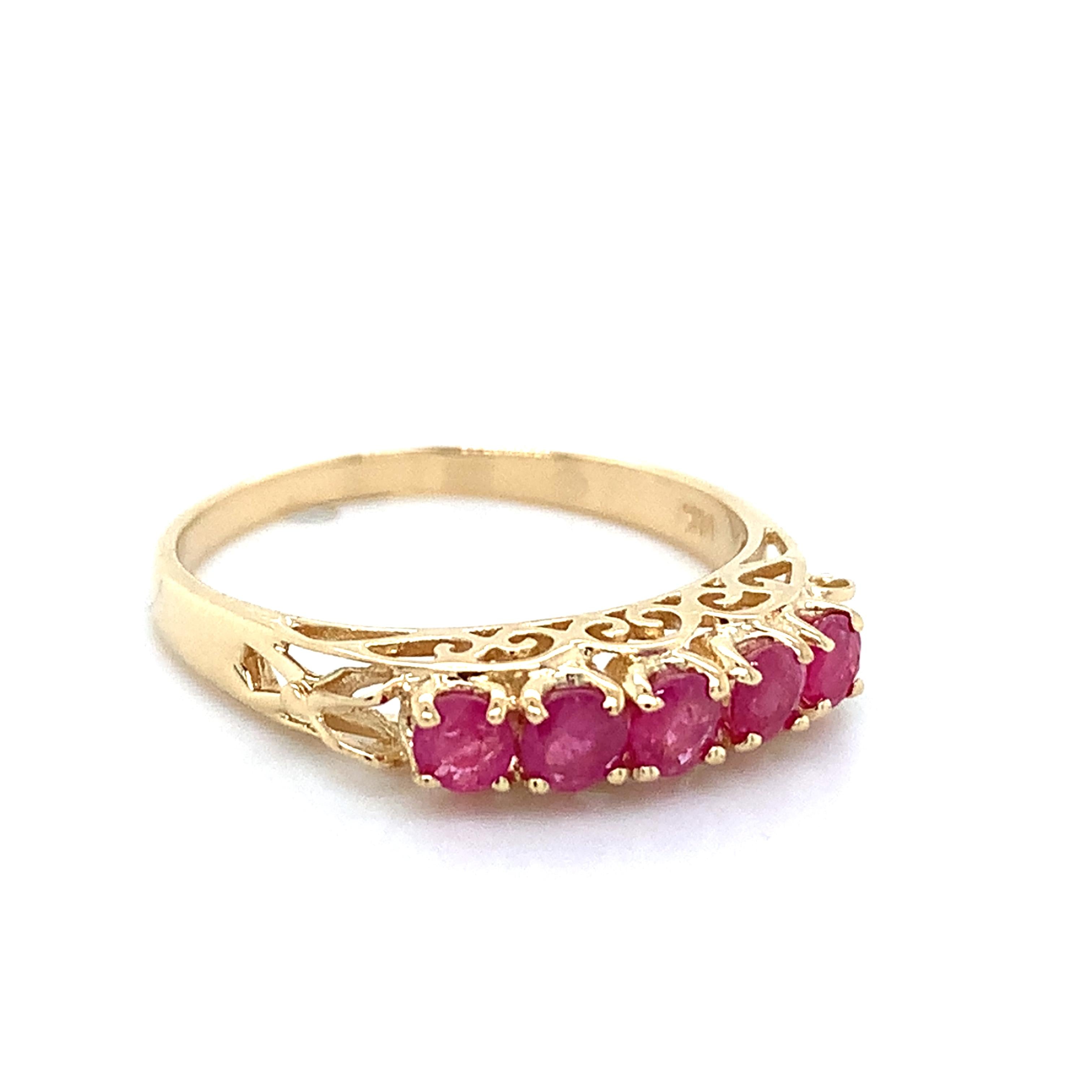 Vintage 14K Yellow Gold High Set Round Shared Prongs Ruby 5 Stone Stackable Band