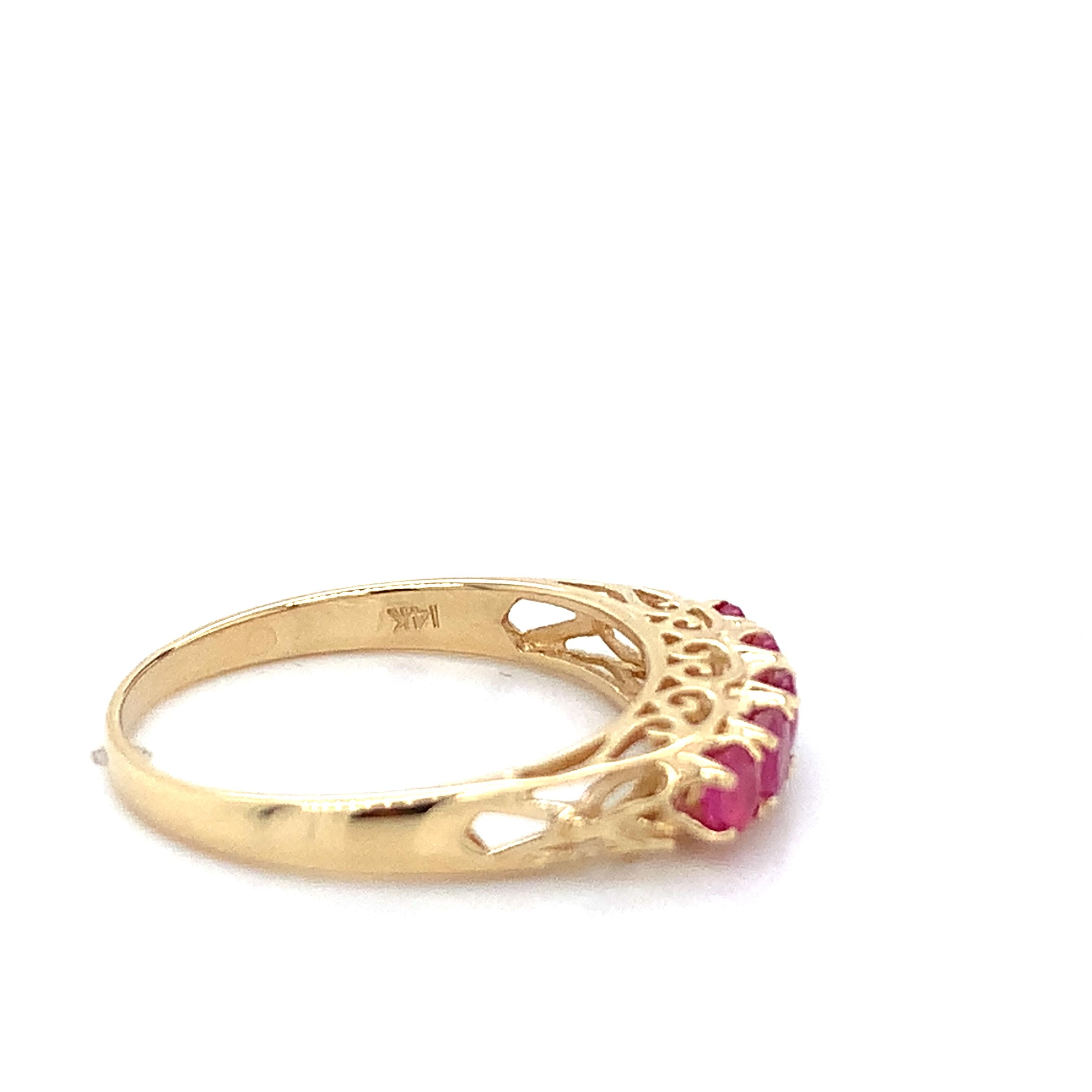 Vintage 14K Yellow Gold High Set Round Shared Prongs Ruby 5 Stone Stackable Band