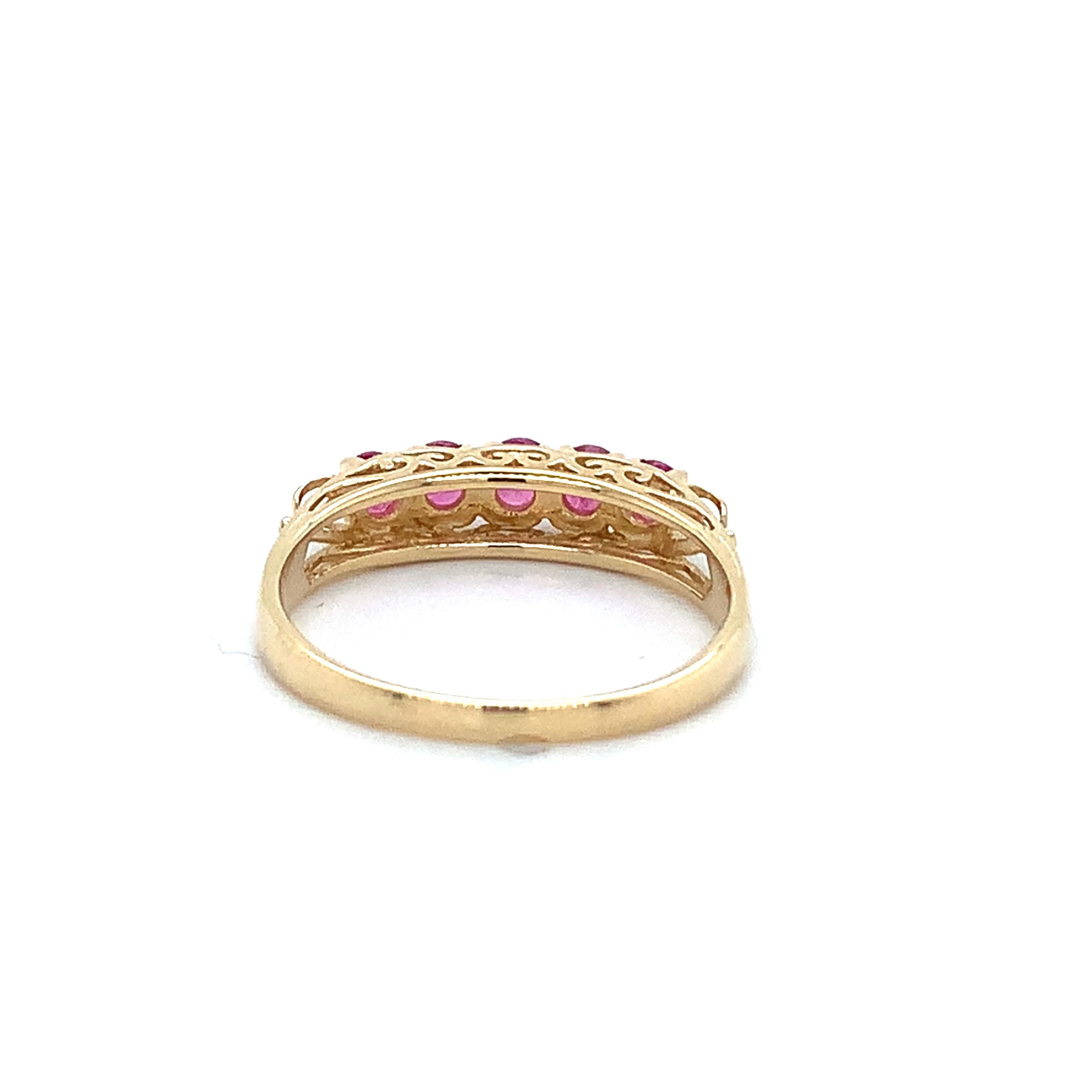 Vintage 14K Yellow Gold High Set Round Shared Prongs Ruby 5 Stone Stackable Band