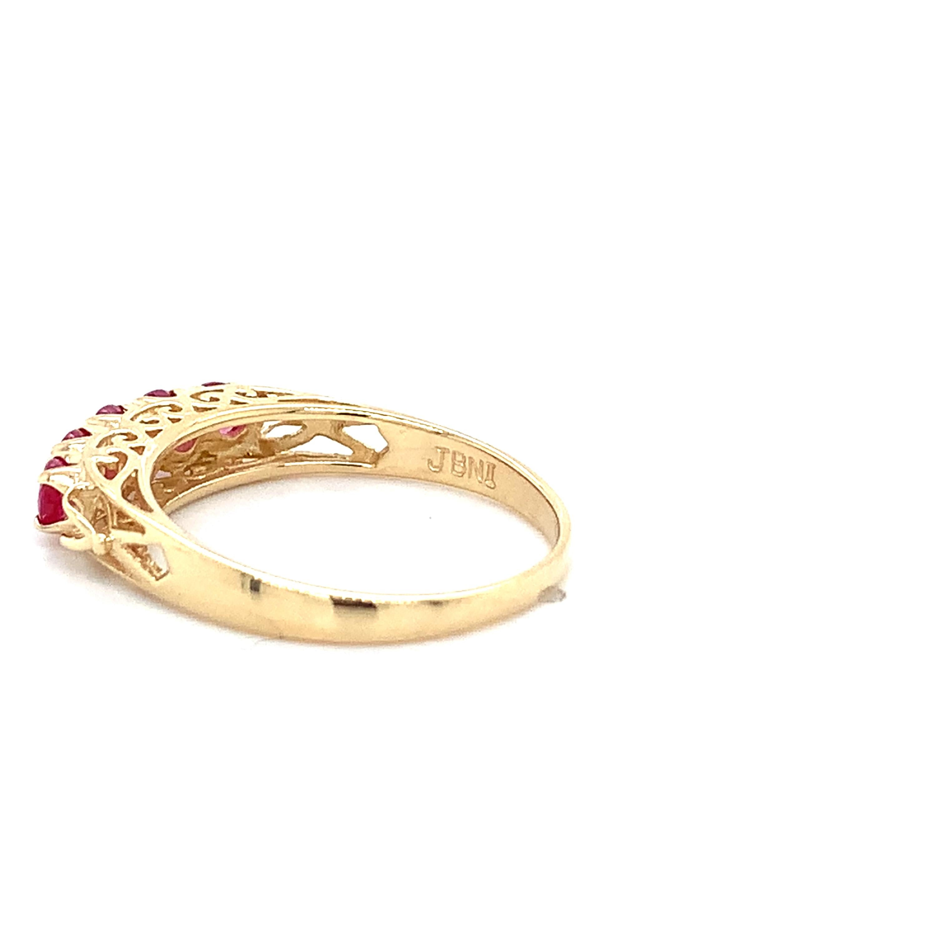 Vintage 14K Yellow Gold High Set Round Shared Prongs Ruby 5 Stone Stackable Band