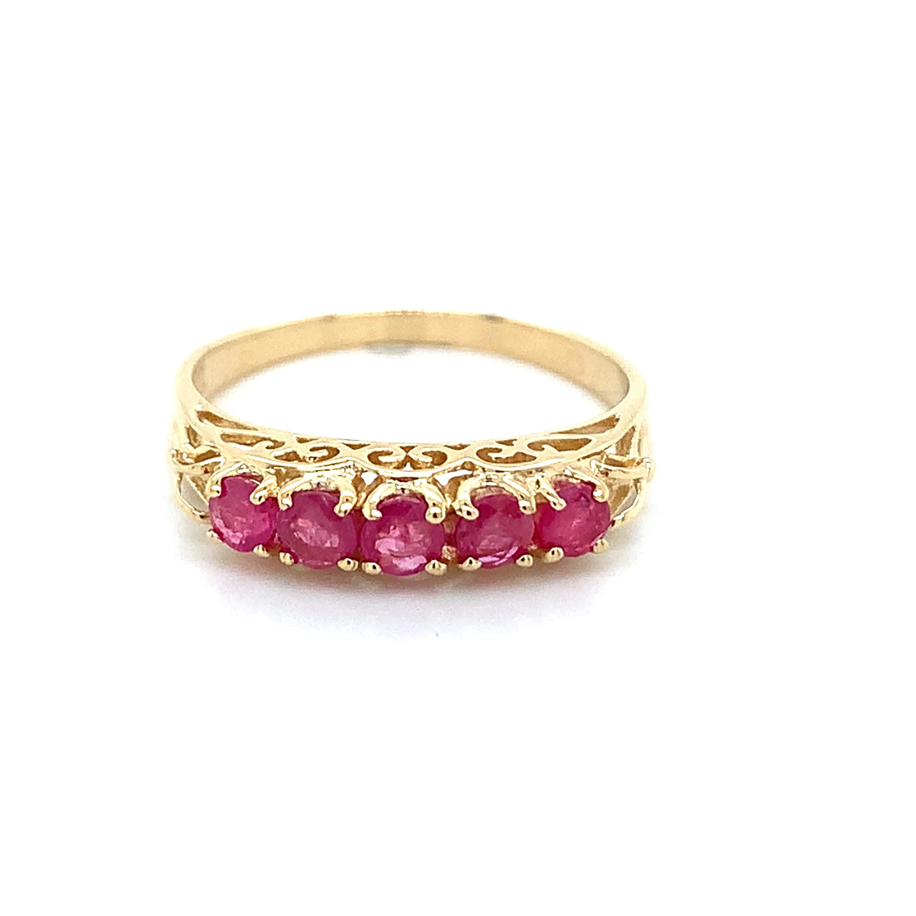 Vintage 14K Yellow Gold High Set Round Shared Prongs Ruby 5 Stone Stackable Band