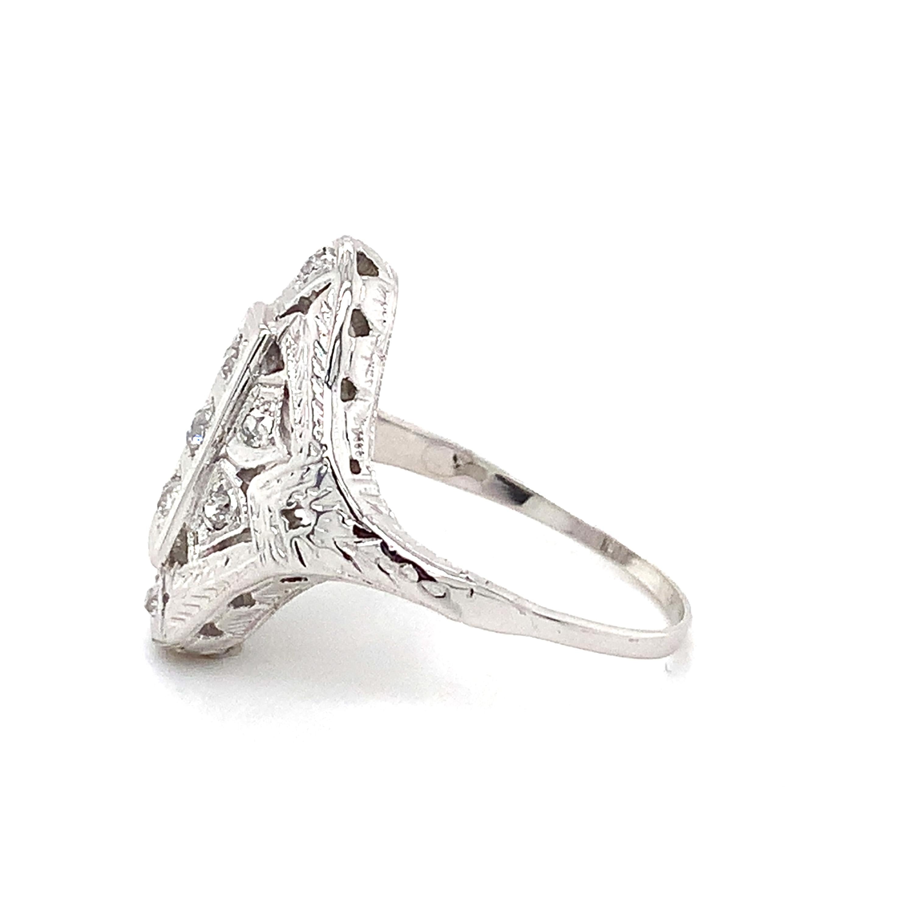 Antique Art Deco Platinum Round Brilliant Cut White Diamond Filigree Ring Size 6