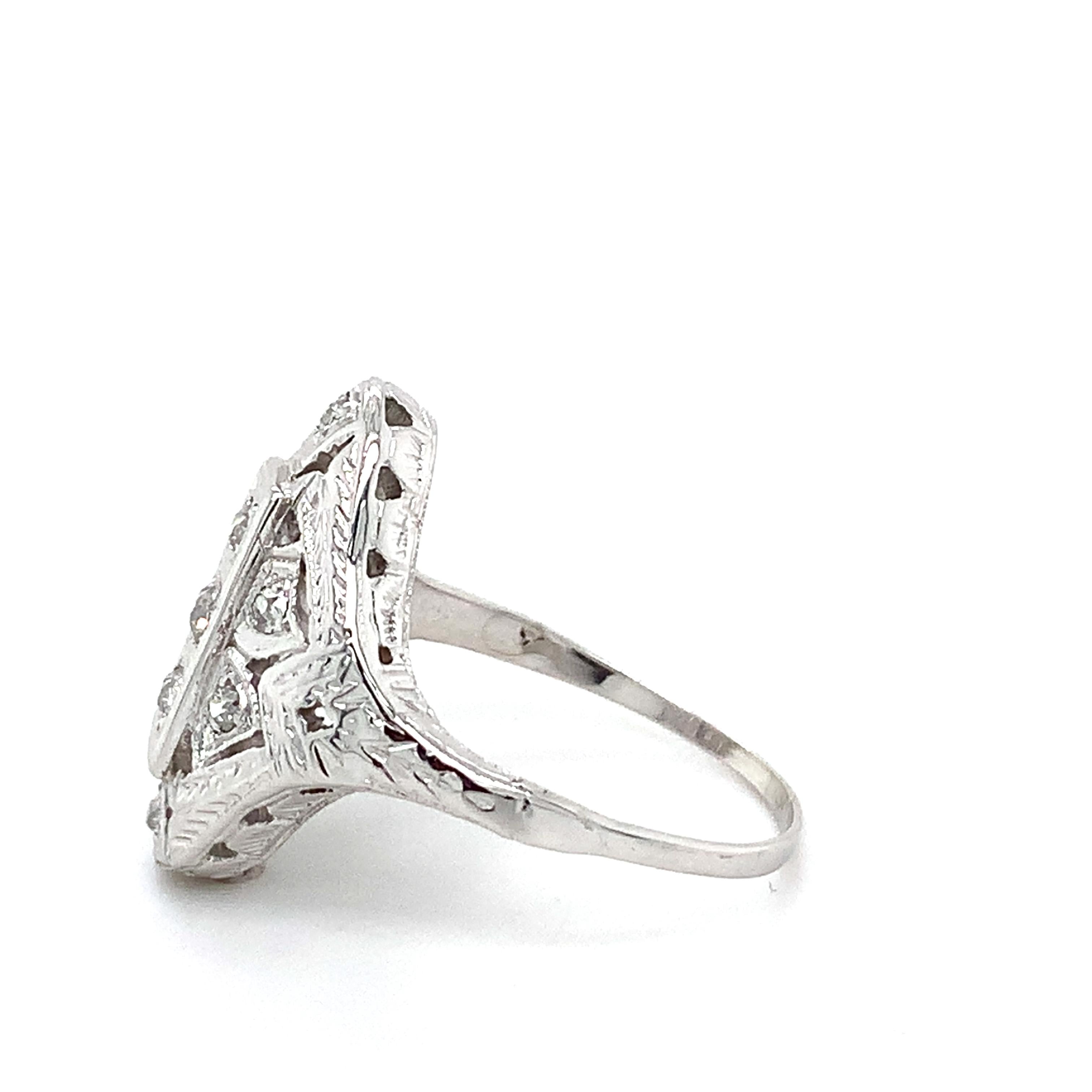 Antique Art Deco Platinum Round Brilliant Cut White Diamond Filigree Ring Size 6