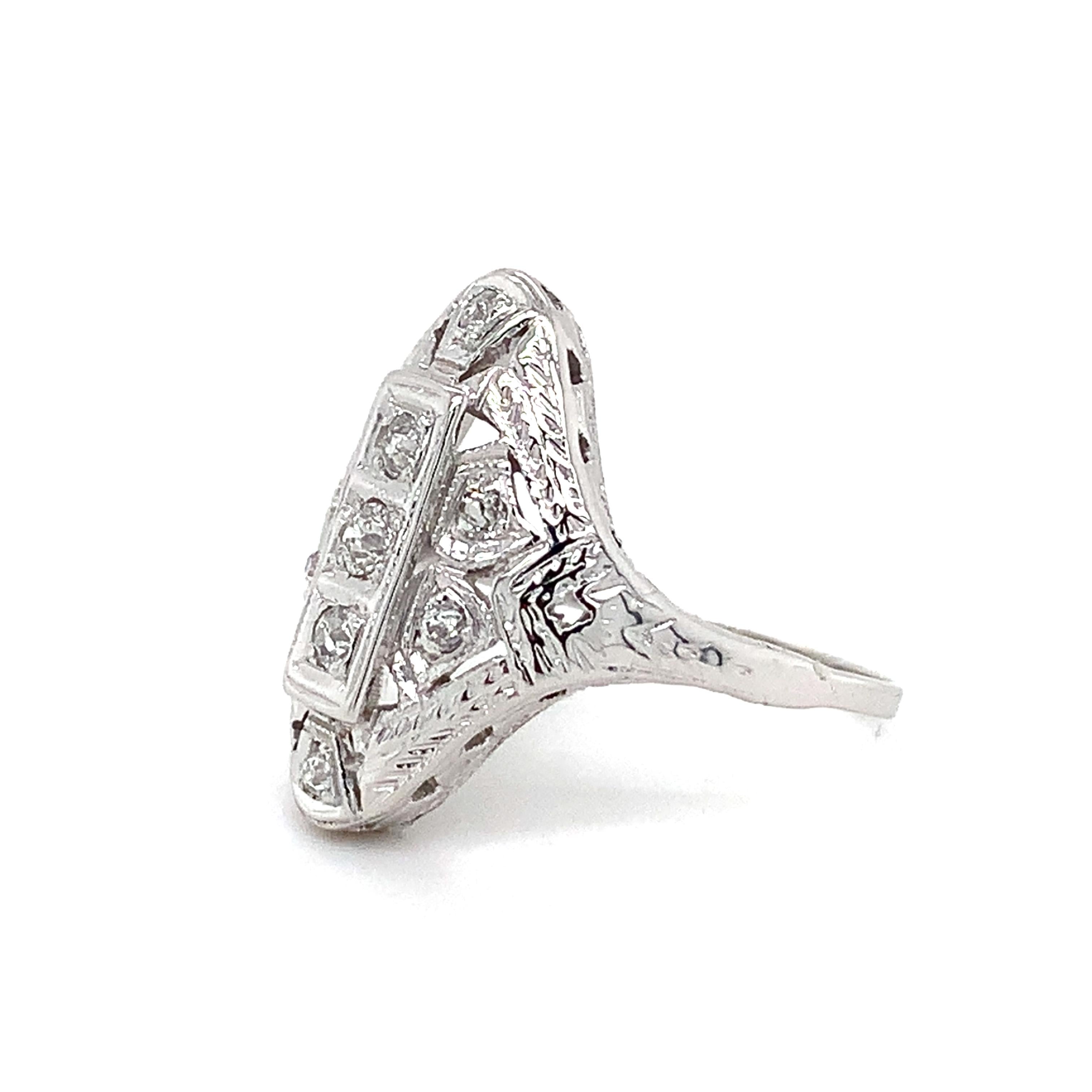 Antique Art Deco Platinum Round Brilliant Cut White Diamond Filigree Ring Size 6