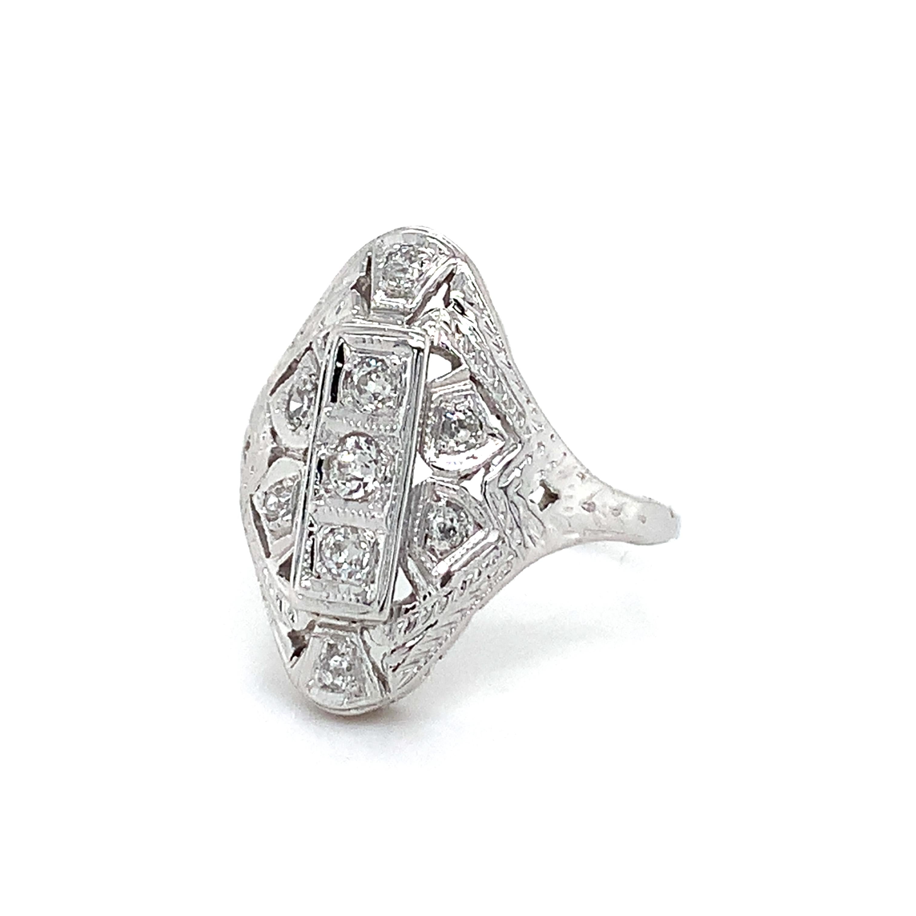 Antique Art Deco Platinum Round Brilliant Cut White Diamond Filigree Ring Size 6