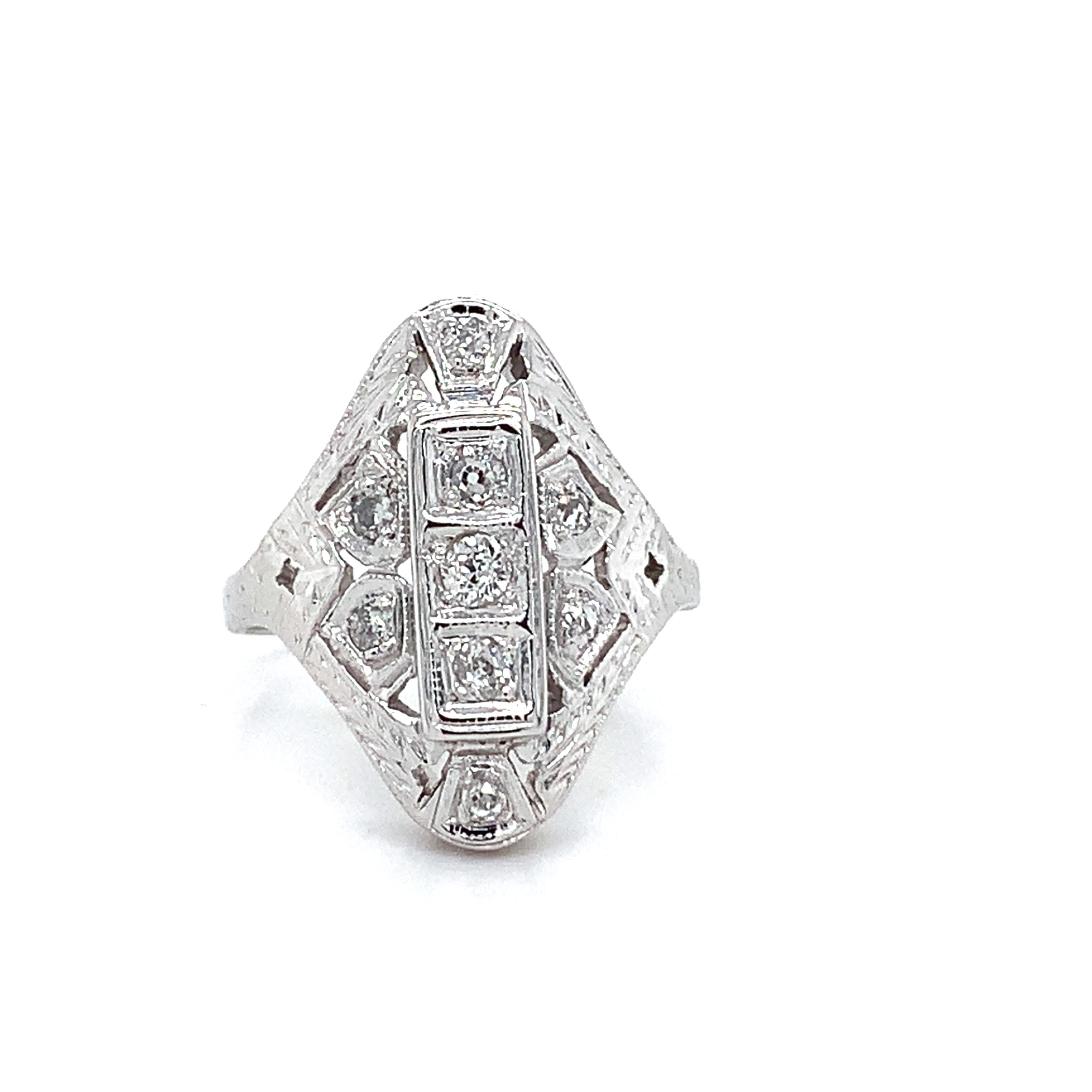 Antique Art Deco Platinum Round Brilliant Cut White Diamond Filigree Ring Size 6