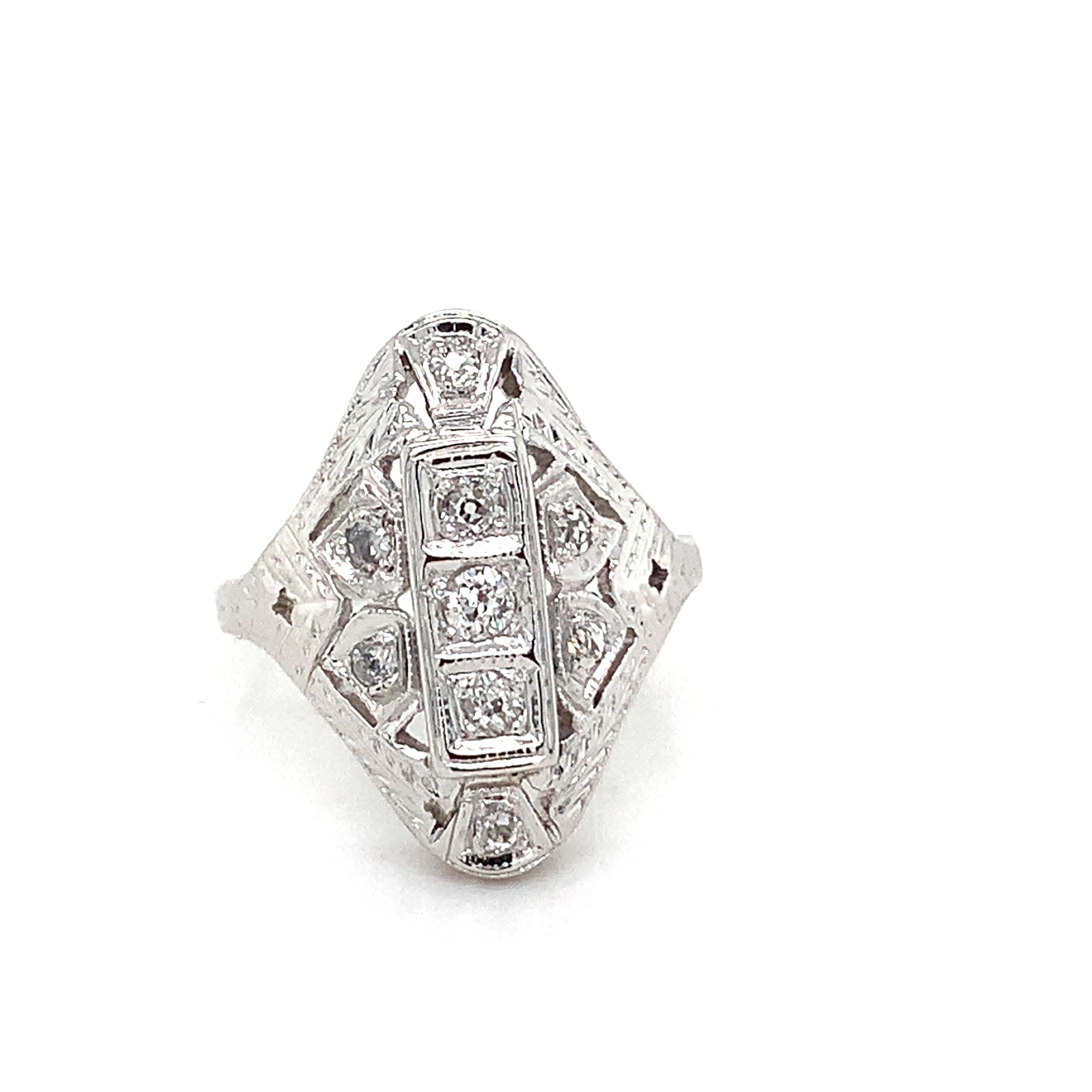 Antique Art Deco Platinum Round Brilliant Cut White Diamond Filigree Ring Size 6