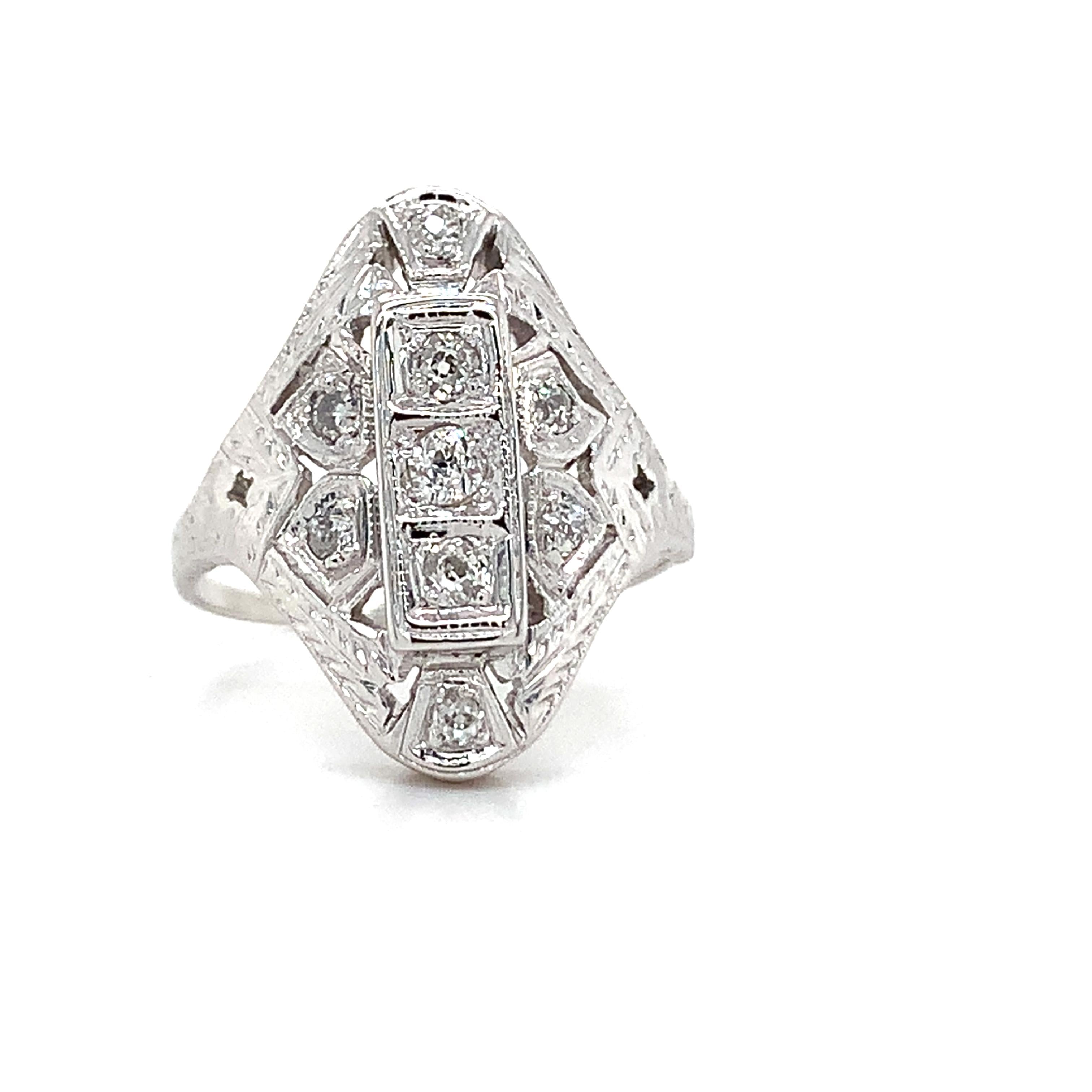Antique Art Deco Platinum Round Brilliant Cut White Diamond Filigree Ring Size 6