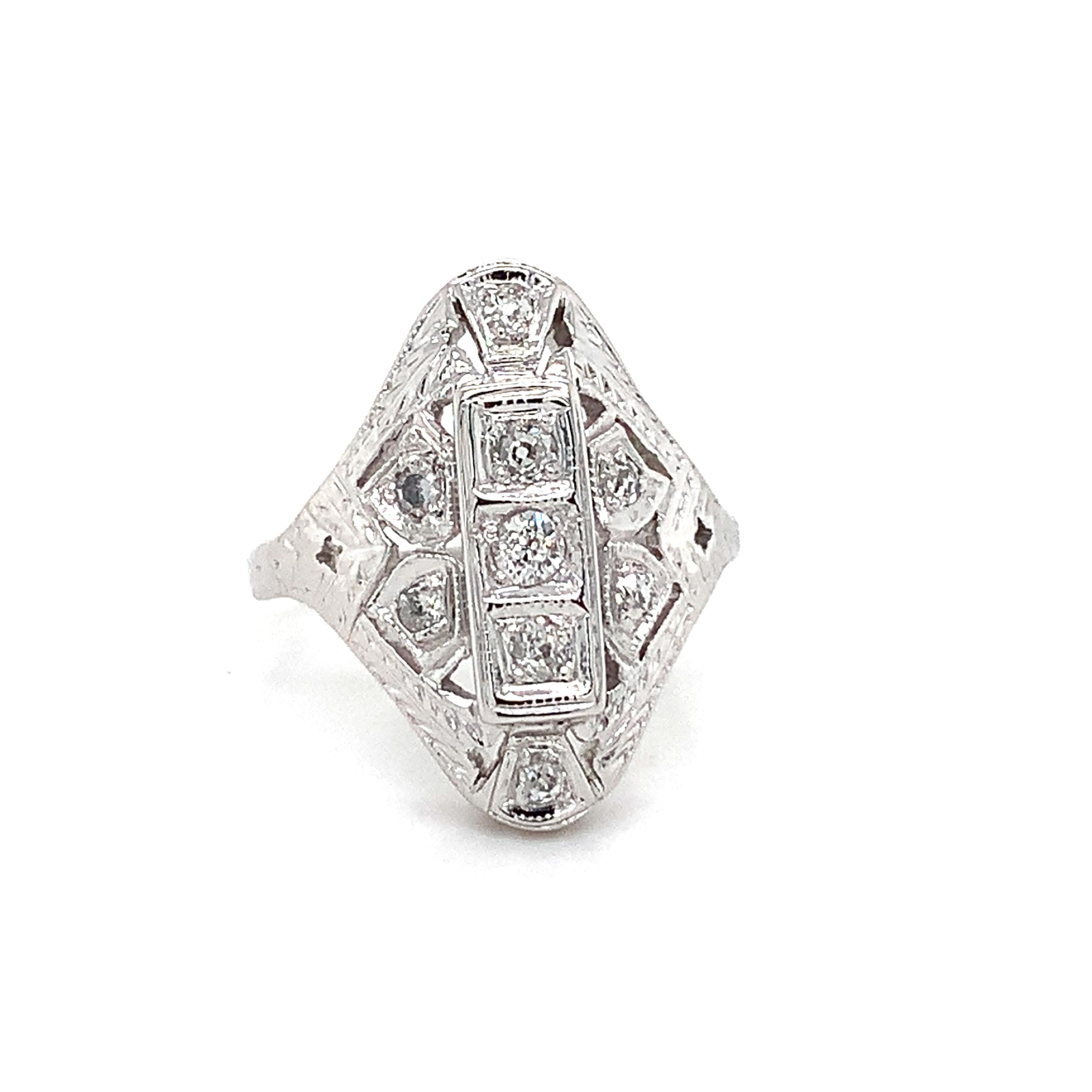 Antique Art Deco Platinum Round Brilliant Cut White Diamond Filigree Ring Size 6