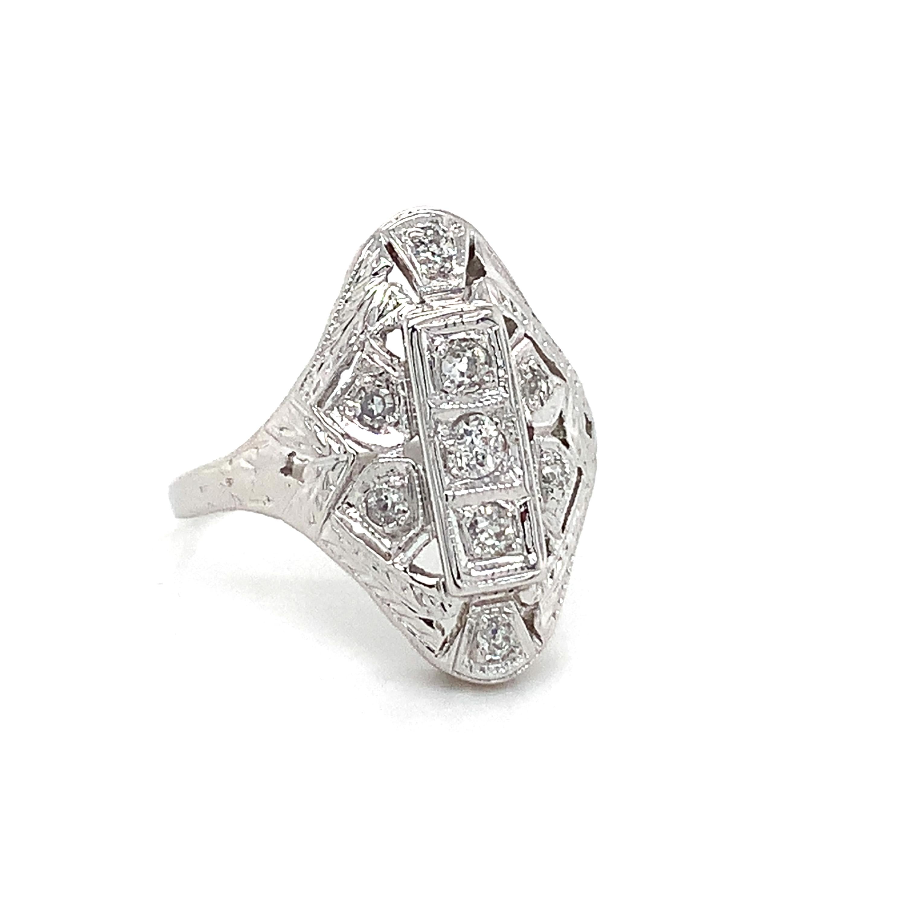 Antique Art Deco Platinum Round Brilliant Cut White Diamond Filigree Ring Size 6