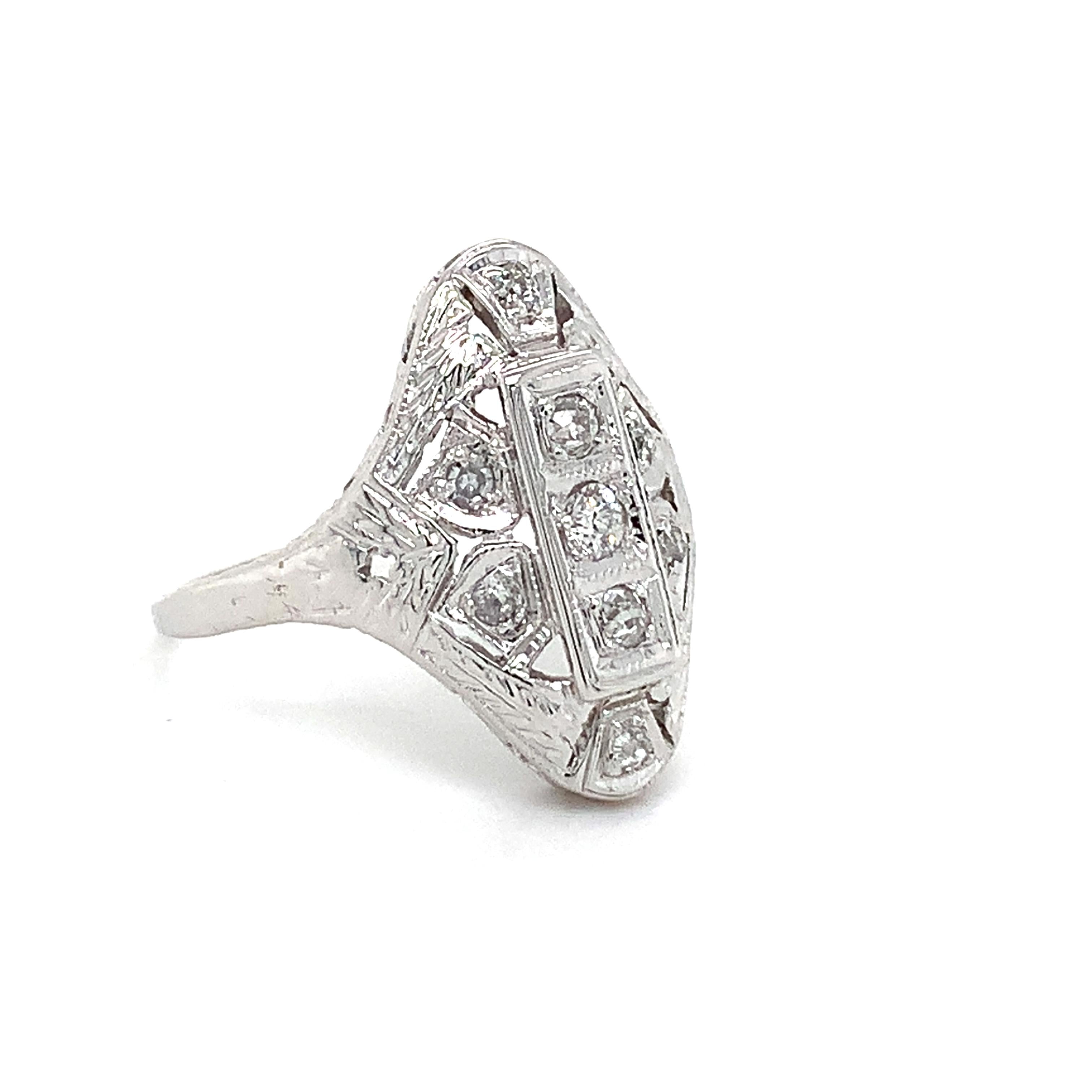 Antique Art Deco Platinum Round Brilliant Cut White Diamond Filigree Ring Size 6