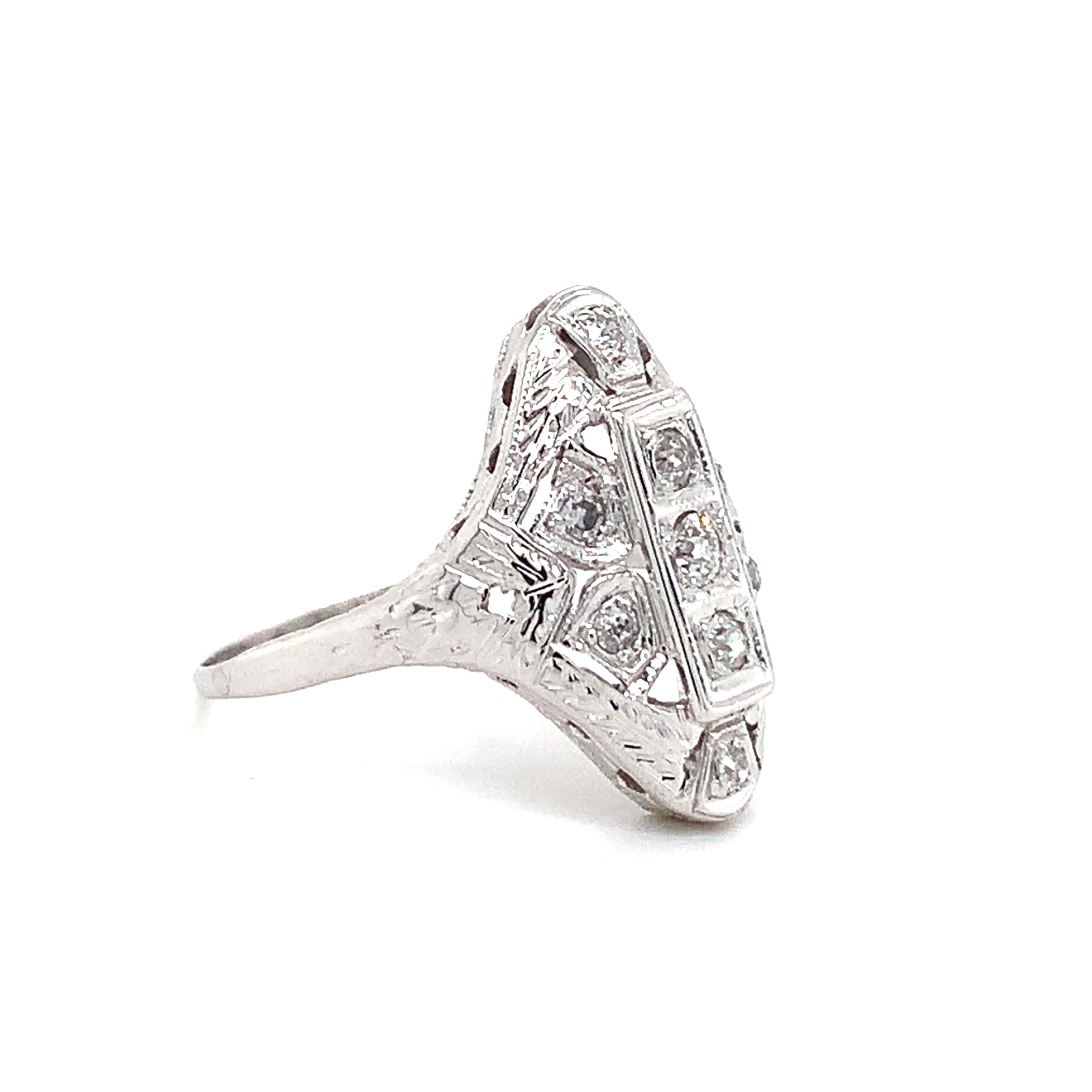 Antique Art Deco Platinum Round Brilliant Cut White Diamond Filigree Ring Size 6