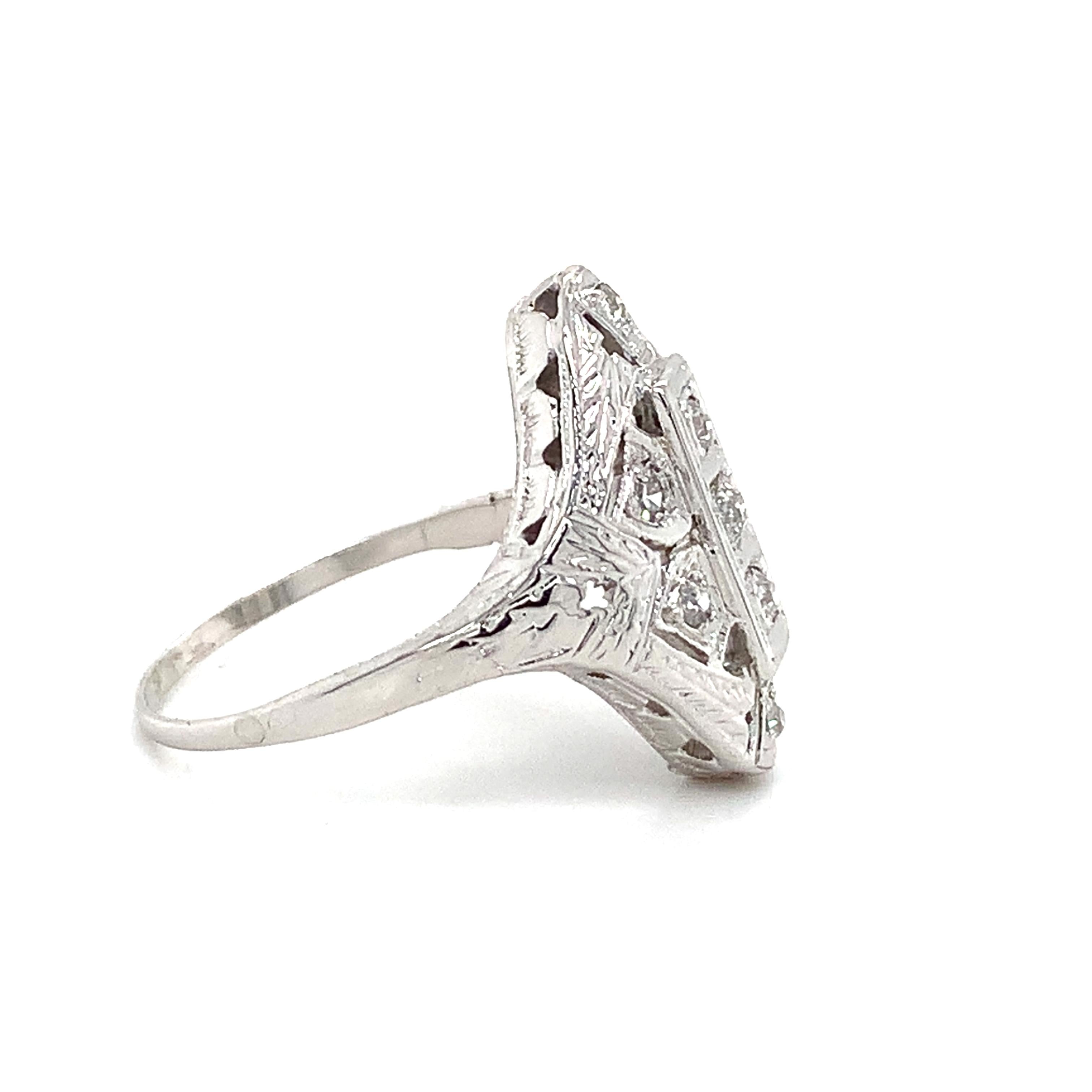 Antique Art Deco Platinum Round Brilliant Cut White Diamond Filigree Ring Size 6