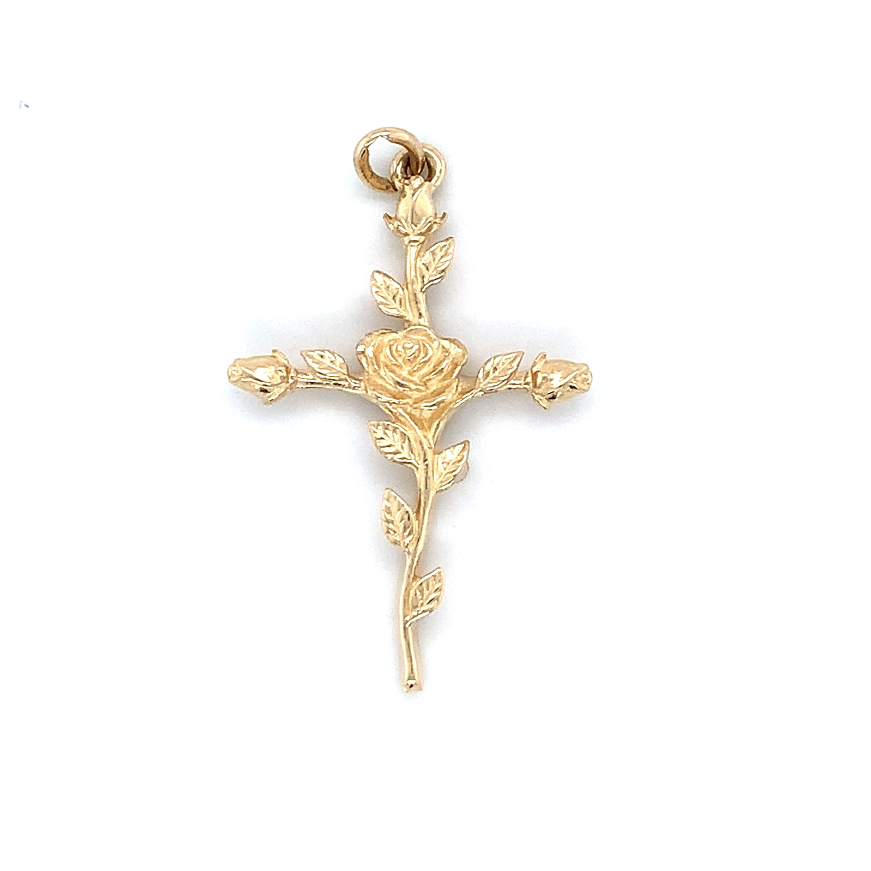James Avery 14K Yellow Gold Rose Bud Religious Cross Loop Bail Pendant