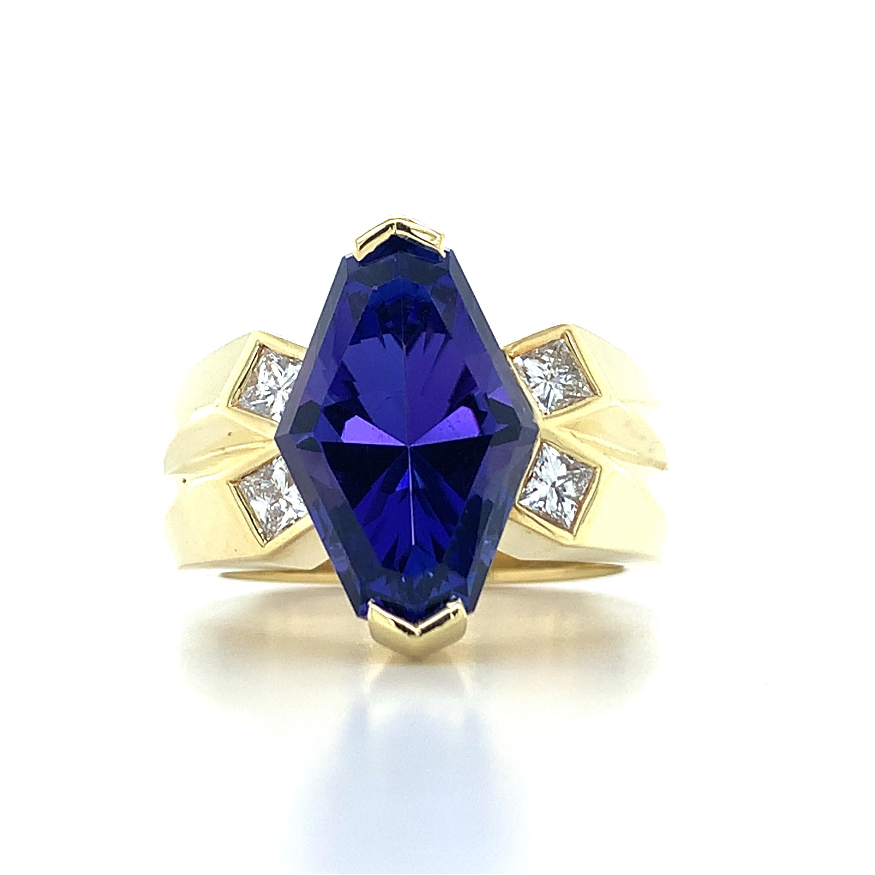 18K Y Gold Lozenge Cut Tanzanite & Princess Cut Diamond Euro Band Cocktail RIng