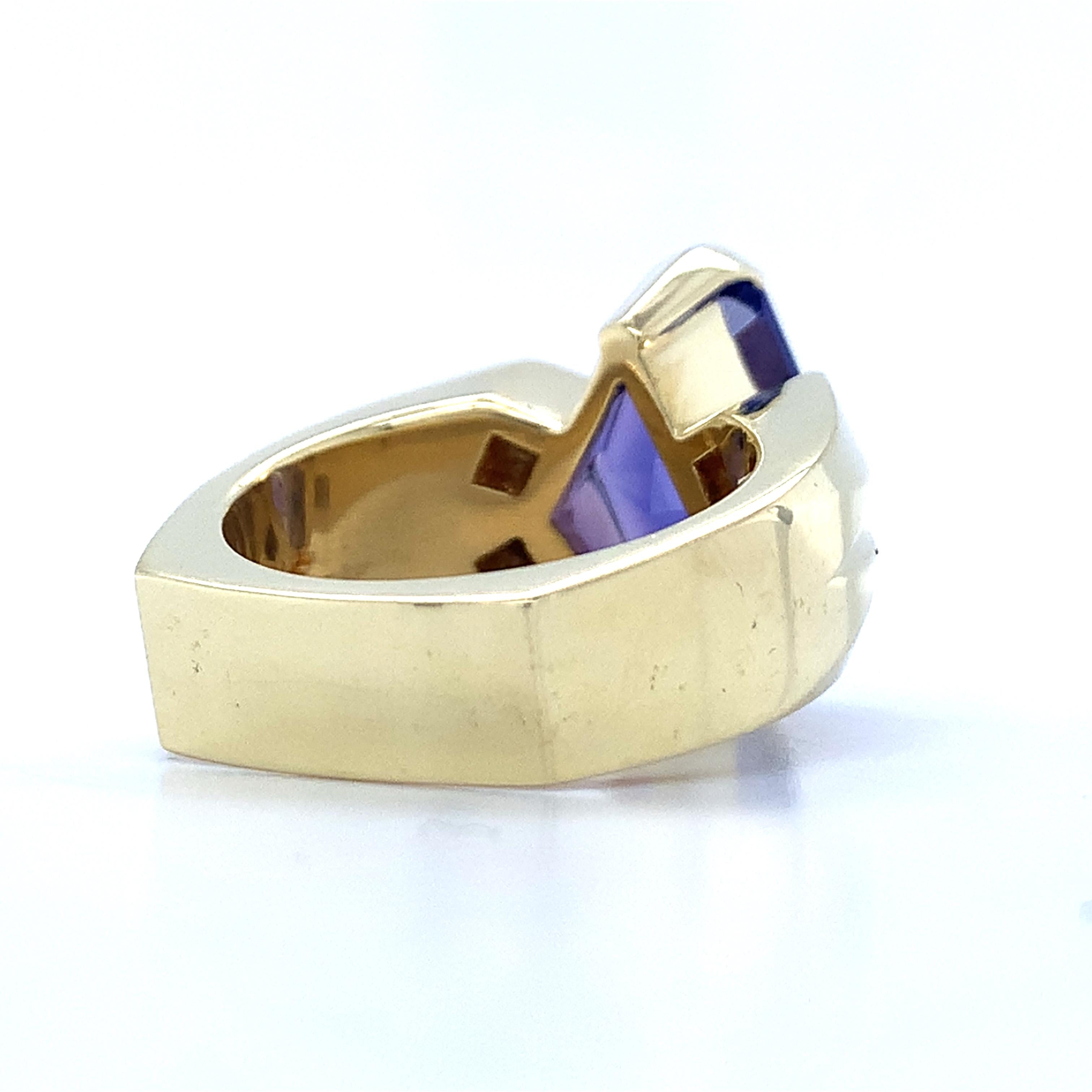 18K Y Gold Lozenge Cut Tanzanite & Princess Cut Diamond Euro Band Cocktail RIng