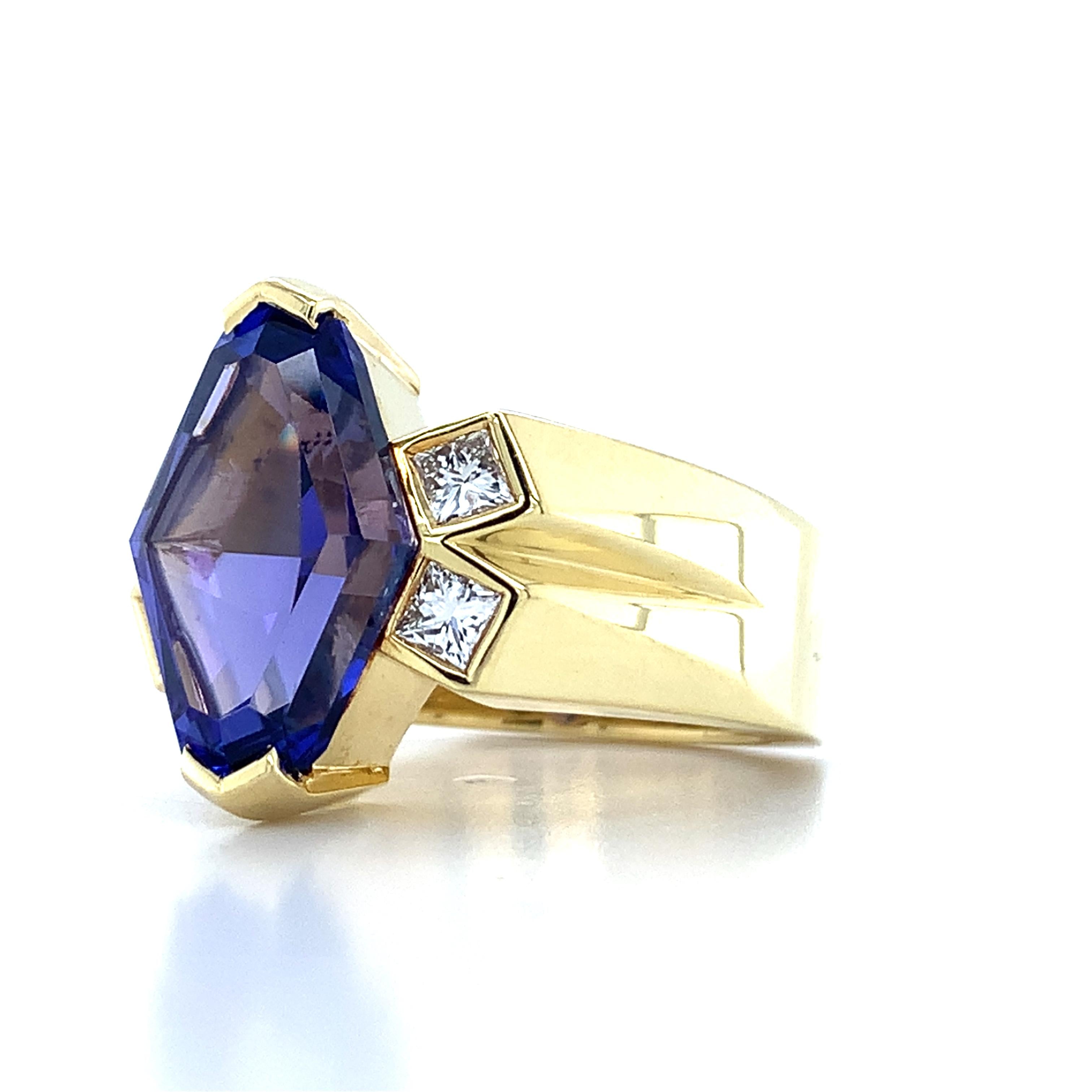 18K Y Gold Lozenge Cut Tanzanite & Princess Cut Diamond Euro Band Cocktail RIng