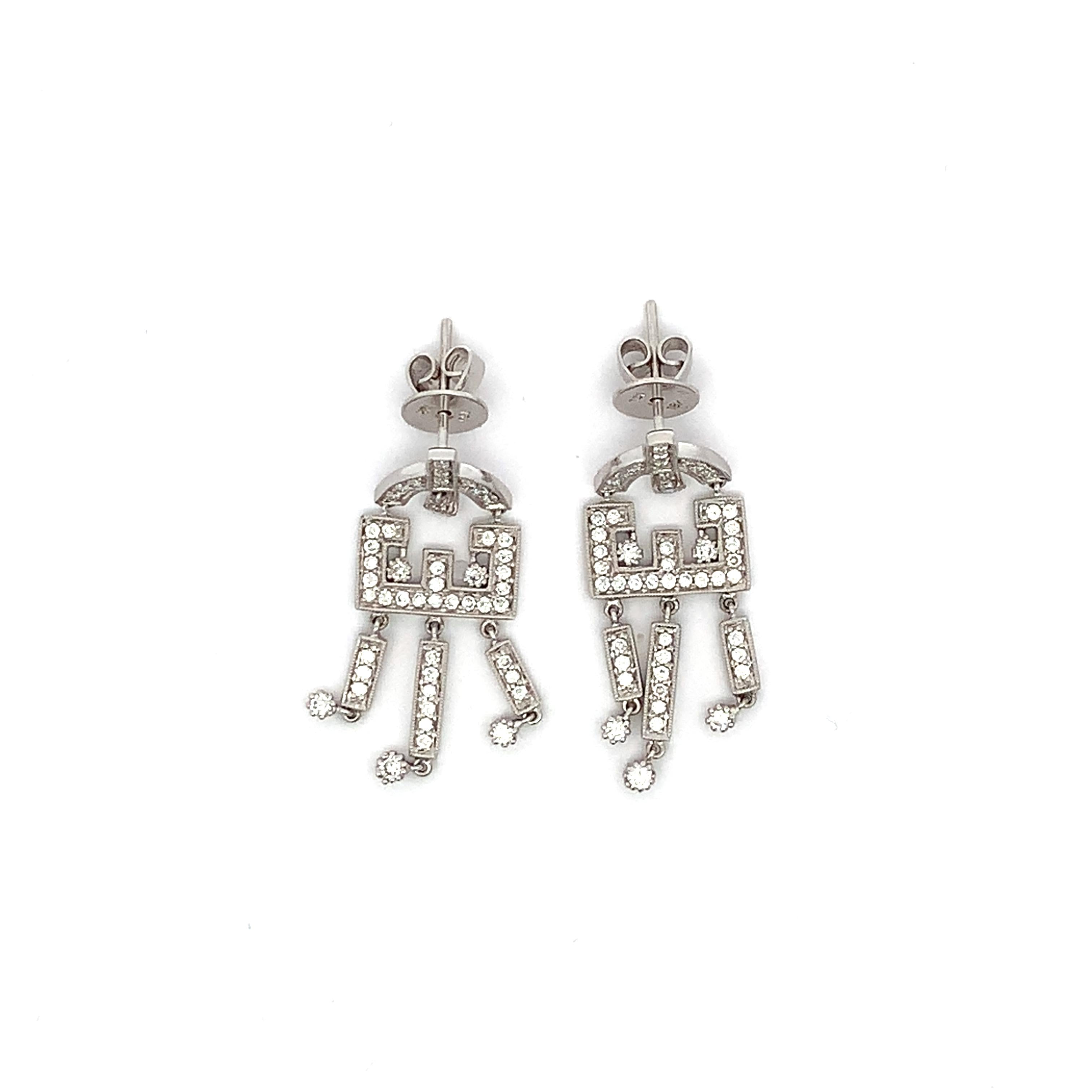 Vintage 18K White Gold Round Cut Diamond Carved Edge Chandelier Dangle Earrings