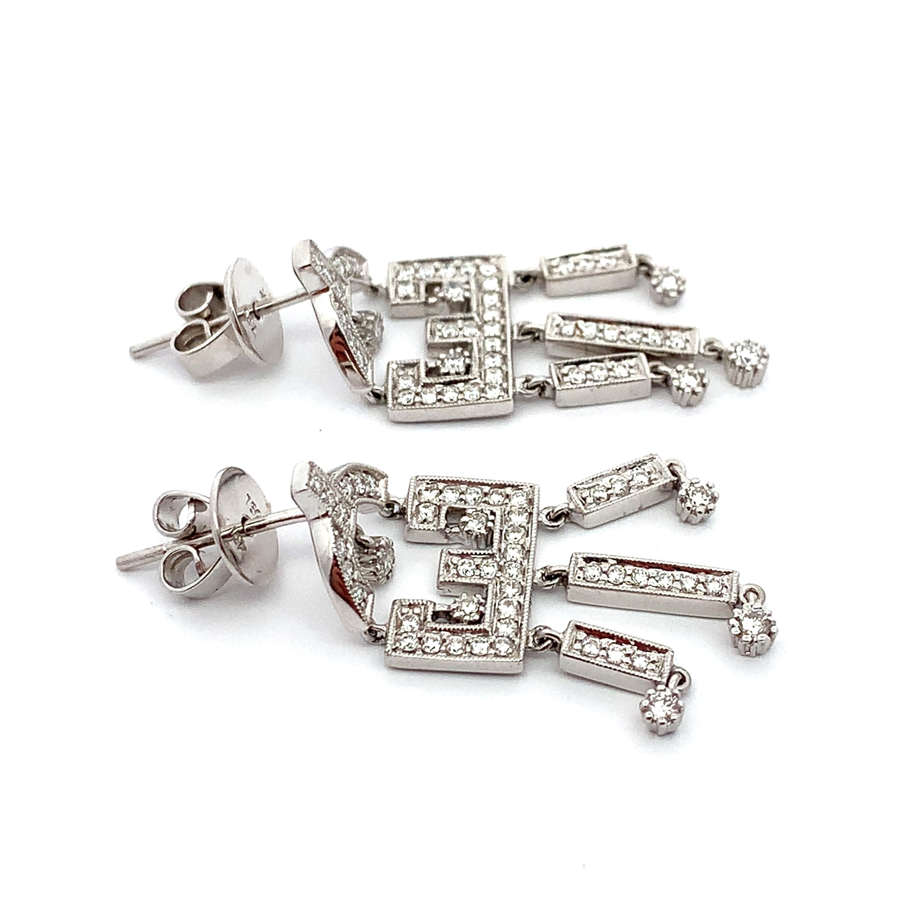 Vintage 18K White Gold Round Cut Diamond Carved Edge Chandelier Dangle Earrings