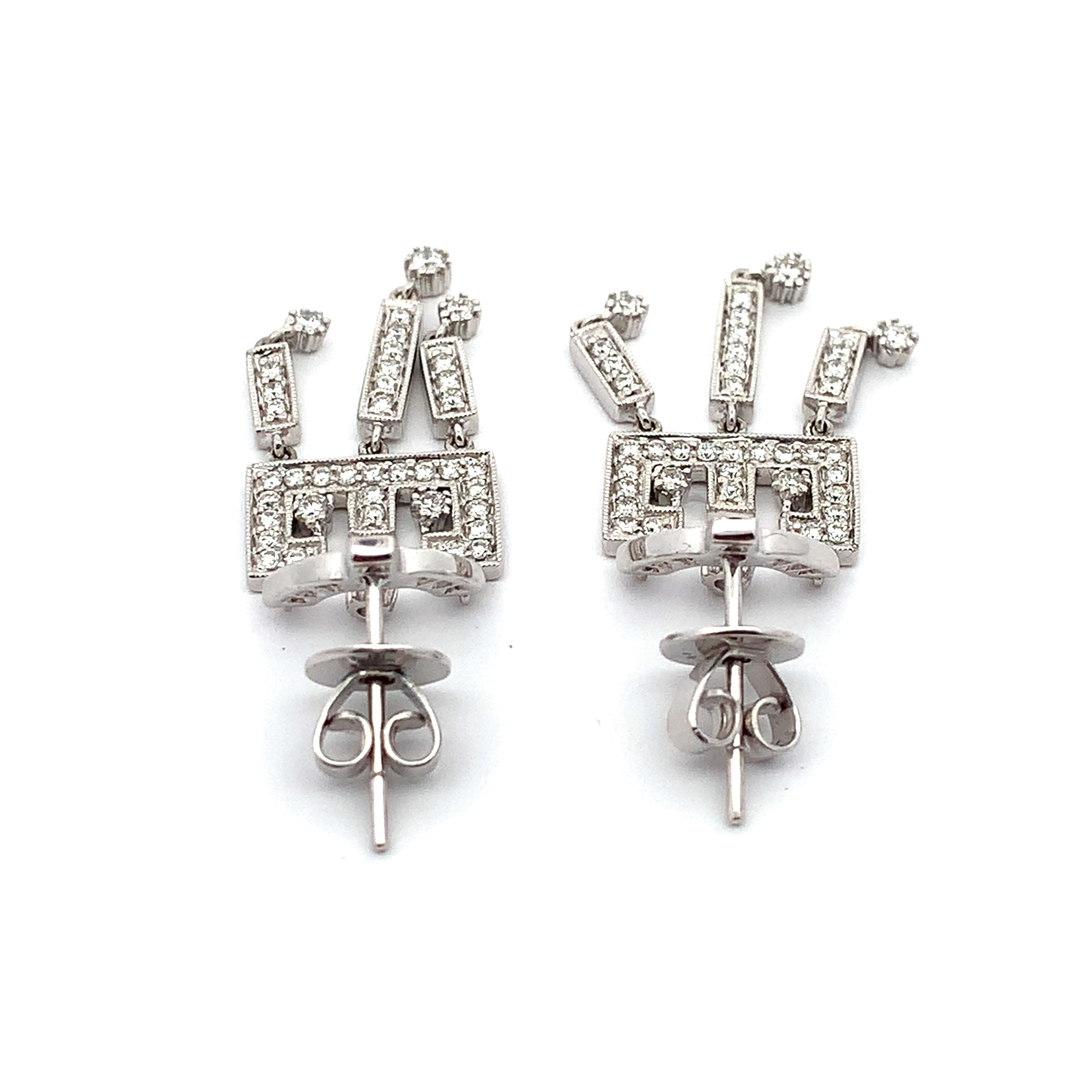 Vintage 18K White Gold Round Cut Diamond Carved Edge Chandelier Dangle Earrings