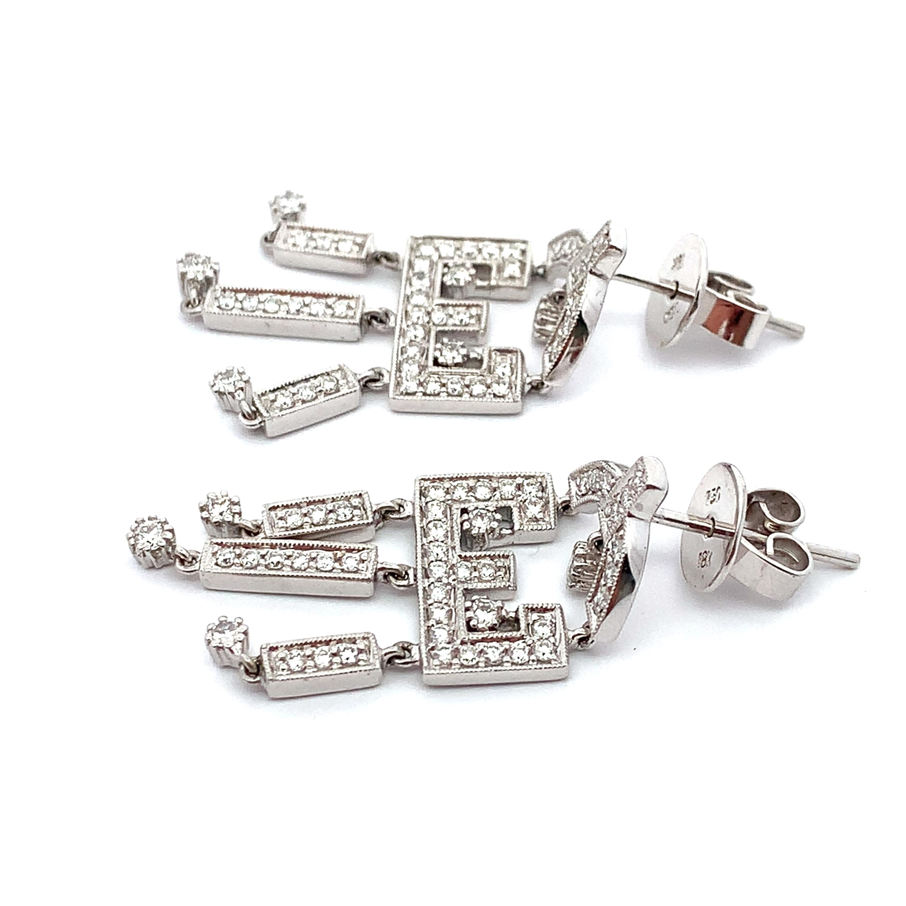 Vintage 18K White Gold Round Cut Diamond Carved Edge Chandelier Dangle Earrings