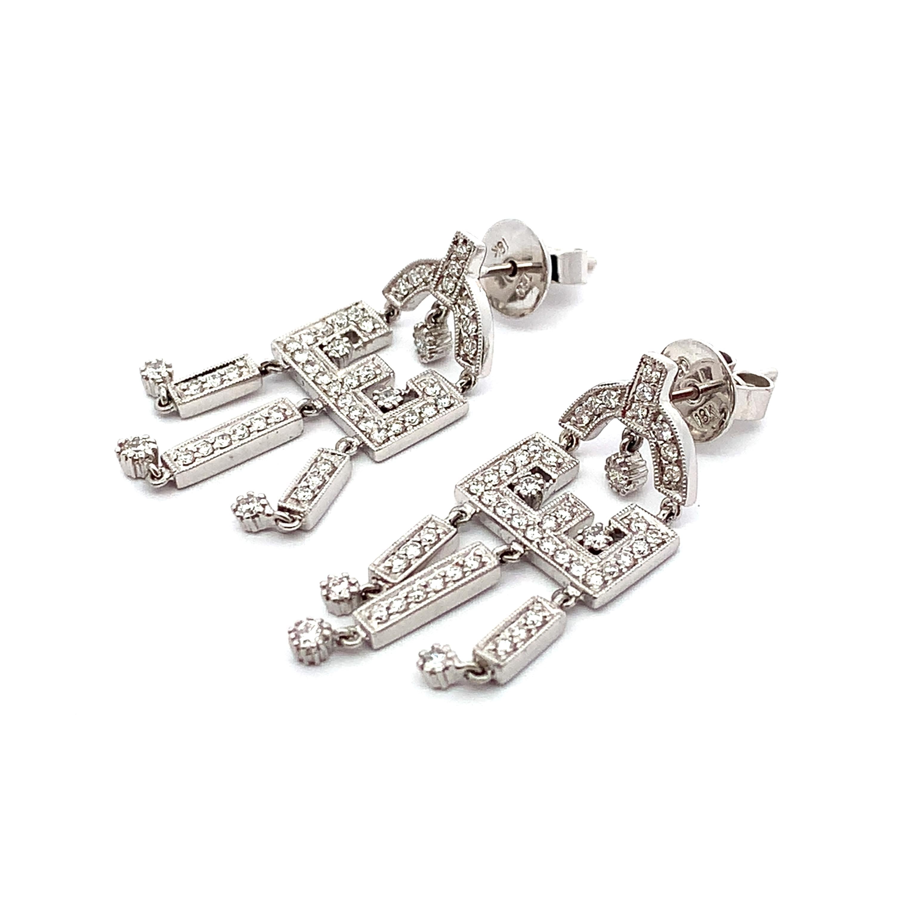 Vintage 18K White Gold Round Cut Diamond Carved Edge Chandelier Dangle Earrings