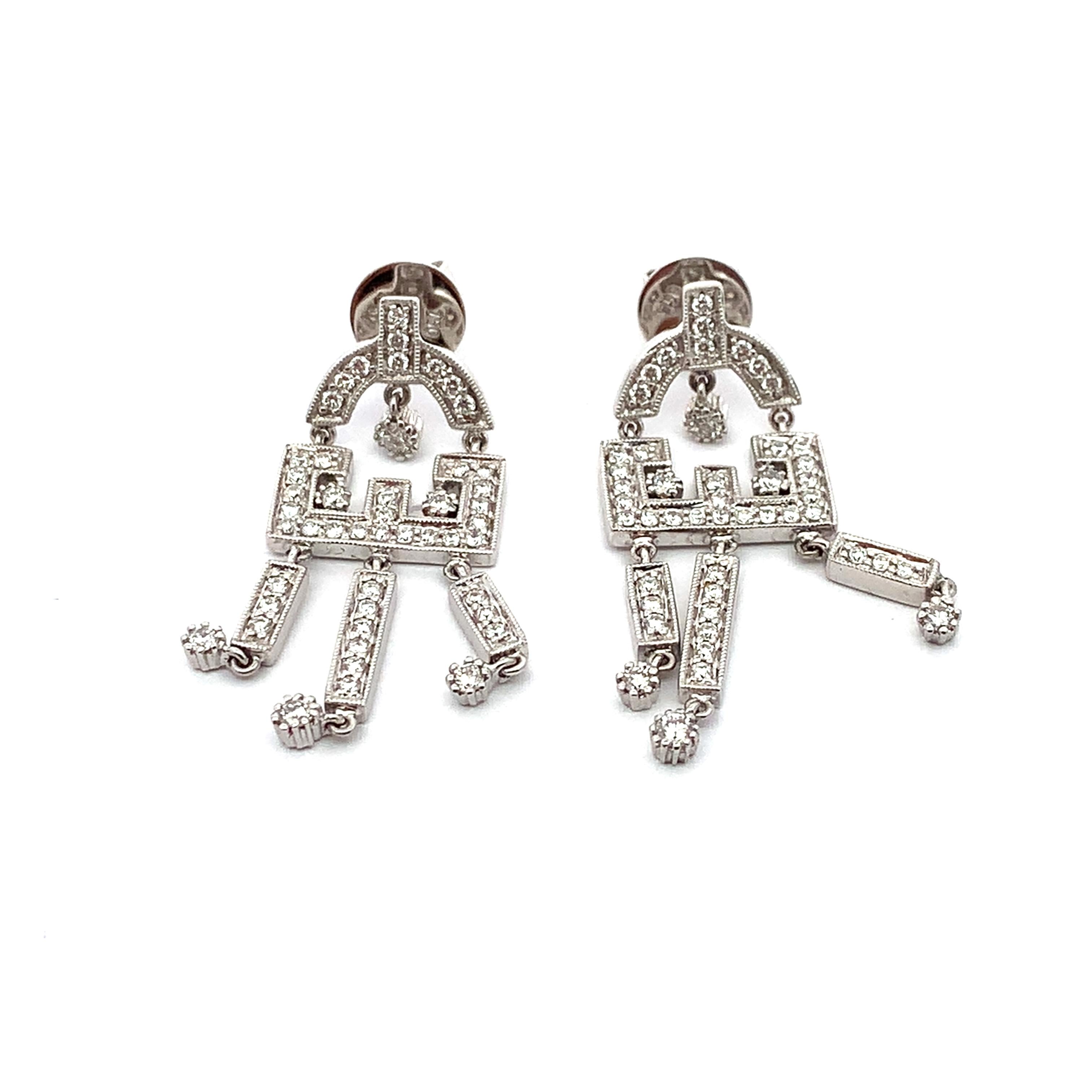 Vintage 18K White Gold Round Cut Diamond Carved Edge Chandelier Dangle Earrings