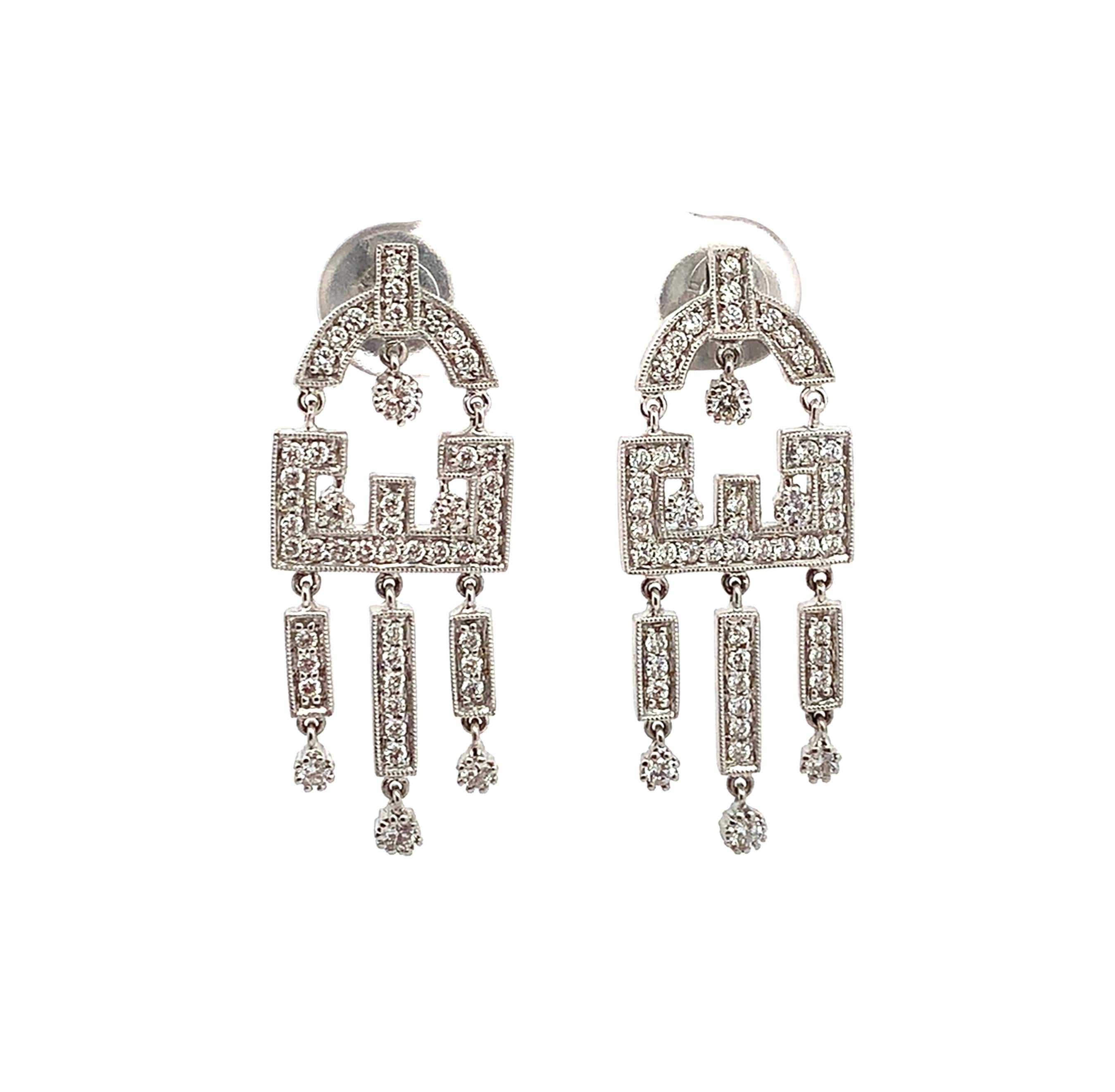 Vintage 18K White Gold Round Cut Diamond Carved Edge Chandelier Dangle Earrings