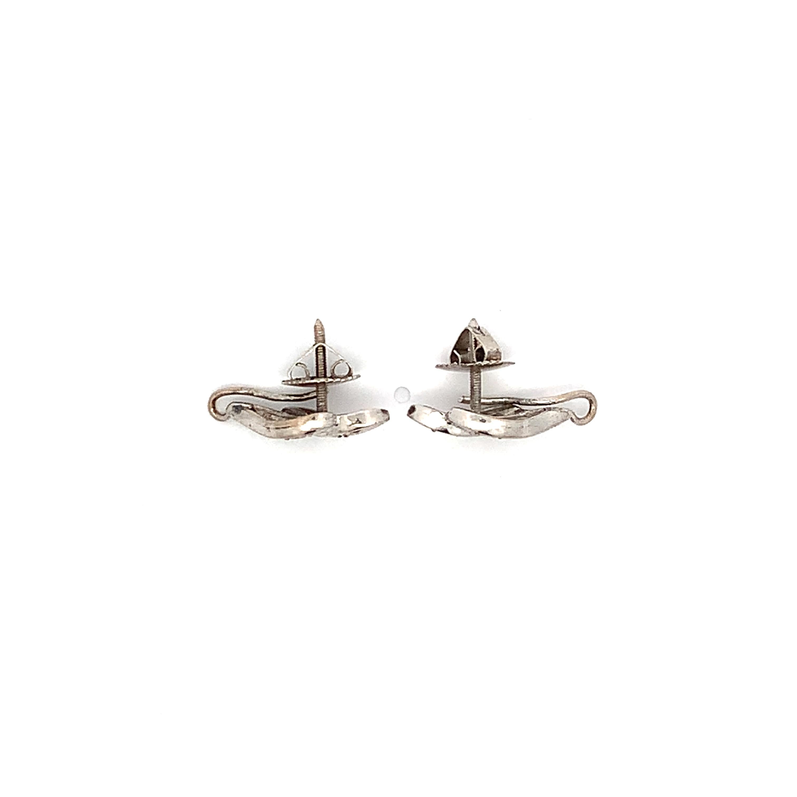 Vintage Platinum Swirl Screw Back Stud Earrings With Single Cut Diamonds