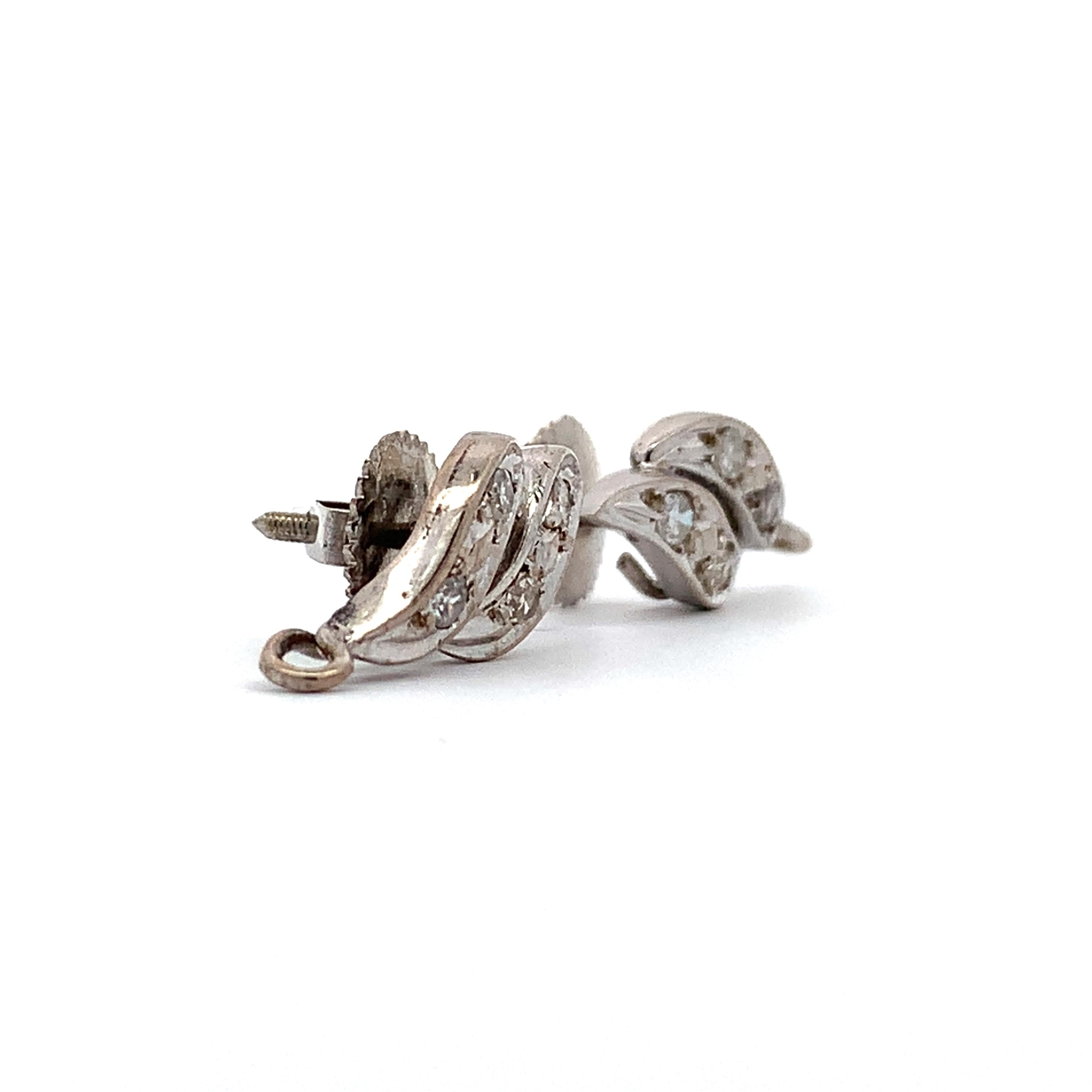 Vintage Platinum Swirl Screw Back Stud Earrings With Single Cut Diamonds