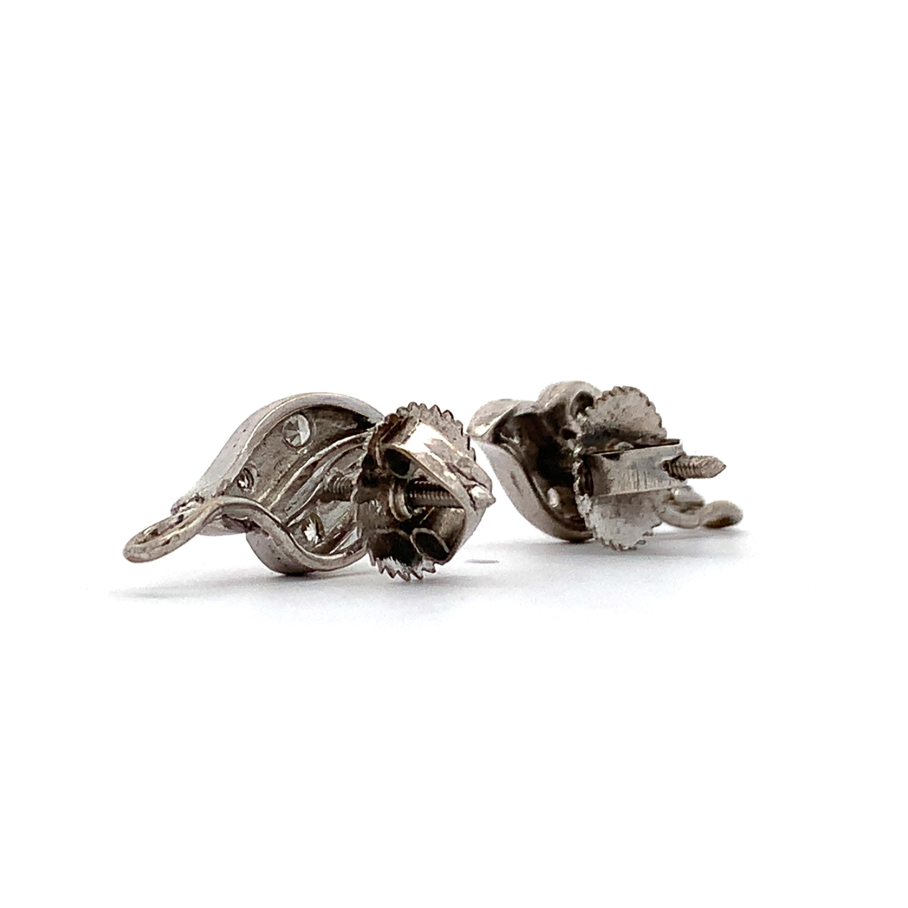 Vintage Platinum Swirl Screw Back Stud Earrings With Single Cut Diamonds