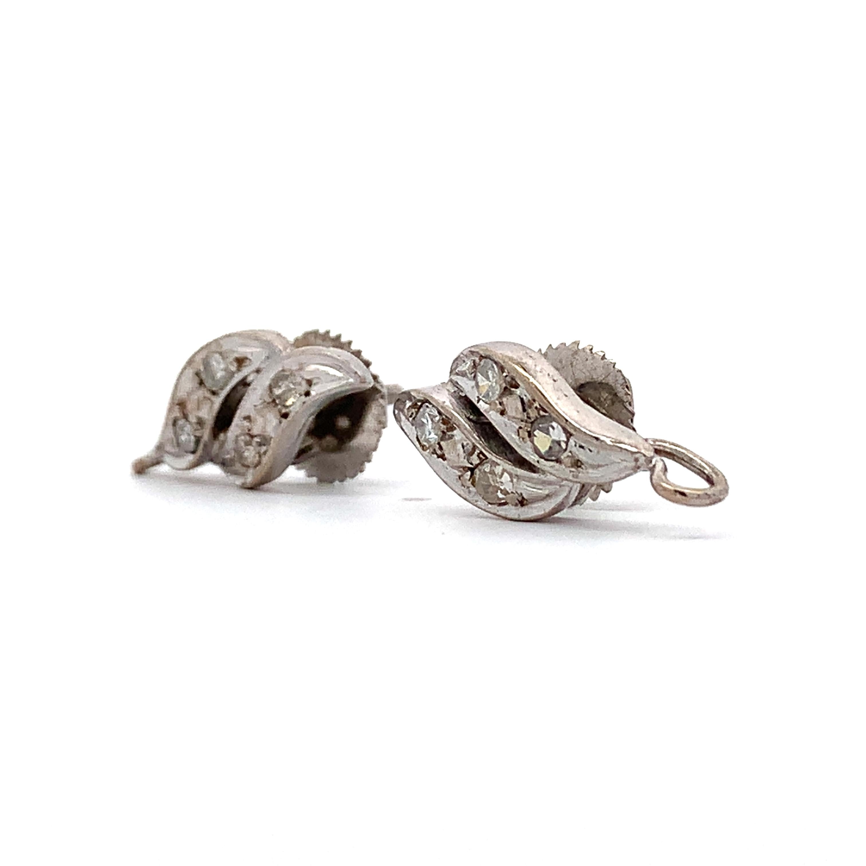 Vintage Platinum Swirl Screw Back Stud Earrings With Single Cut Diamonds