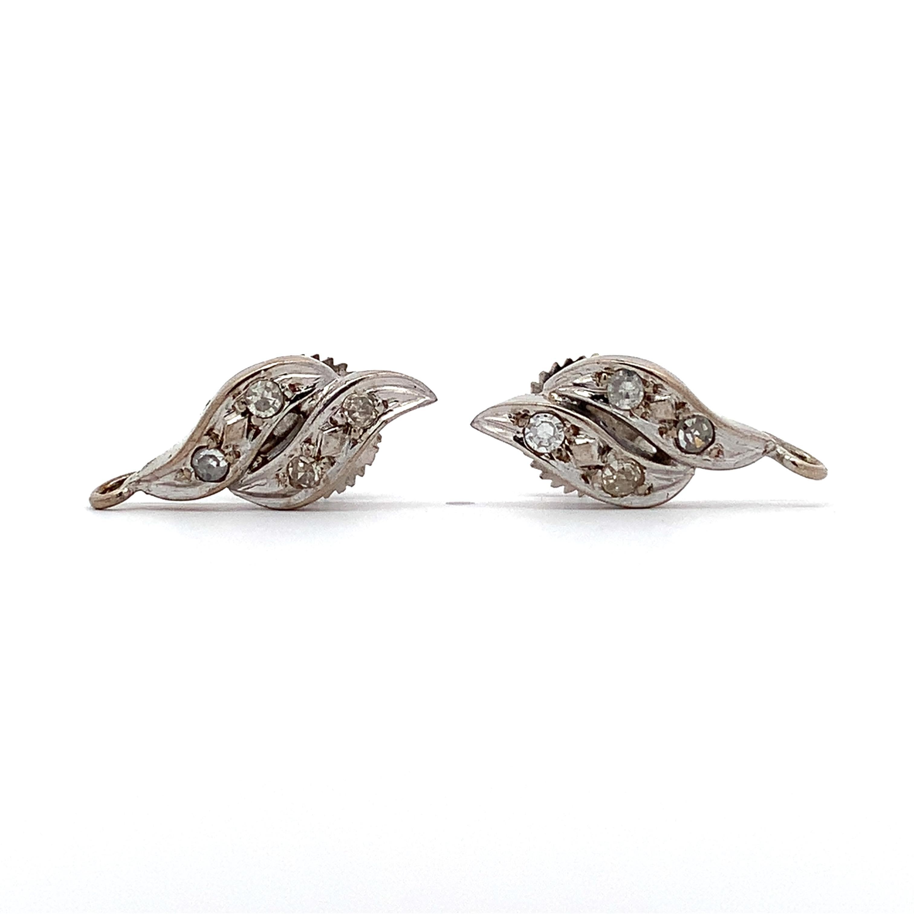 Vintage Platinum Swirl Screw Back Stud Earrings With Single Cut Diamonds