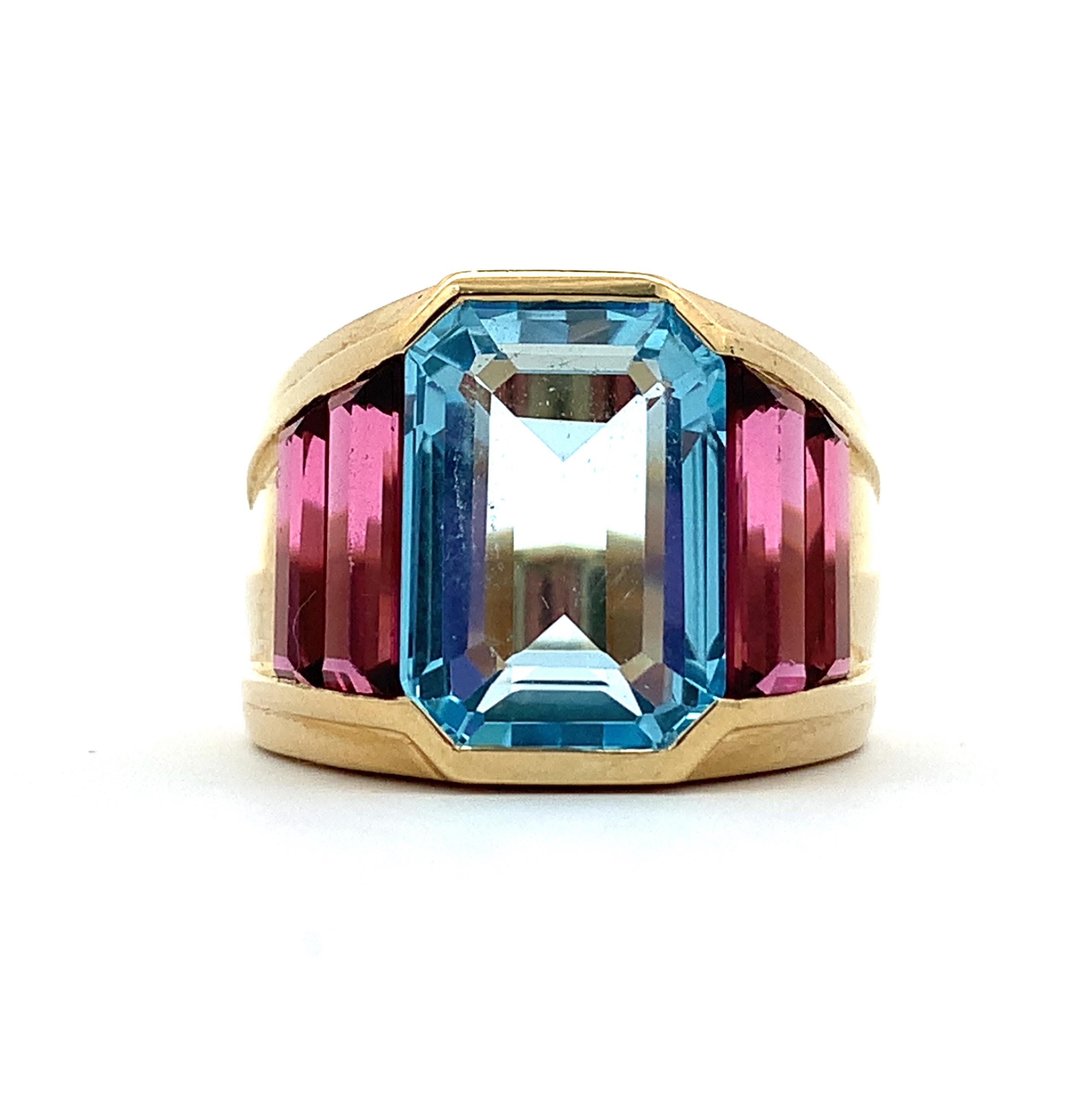 Vintage 14K Yellow Gold Emerald Cut Blue Topaz & Tourmaline Cocktail Band Size 7