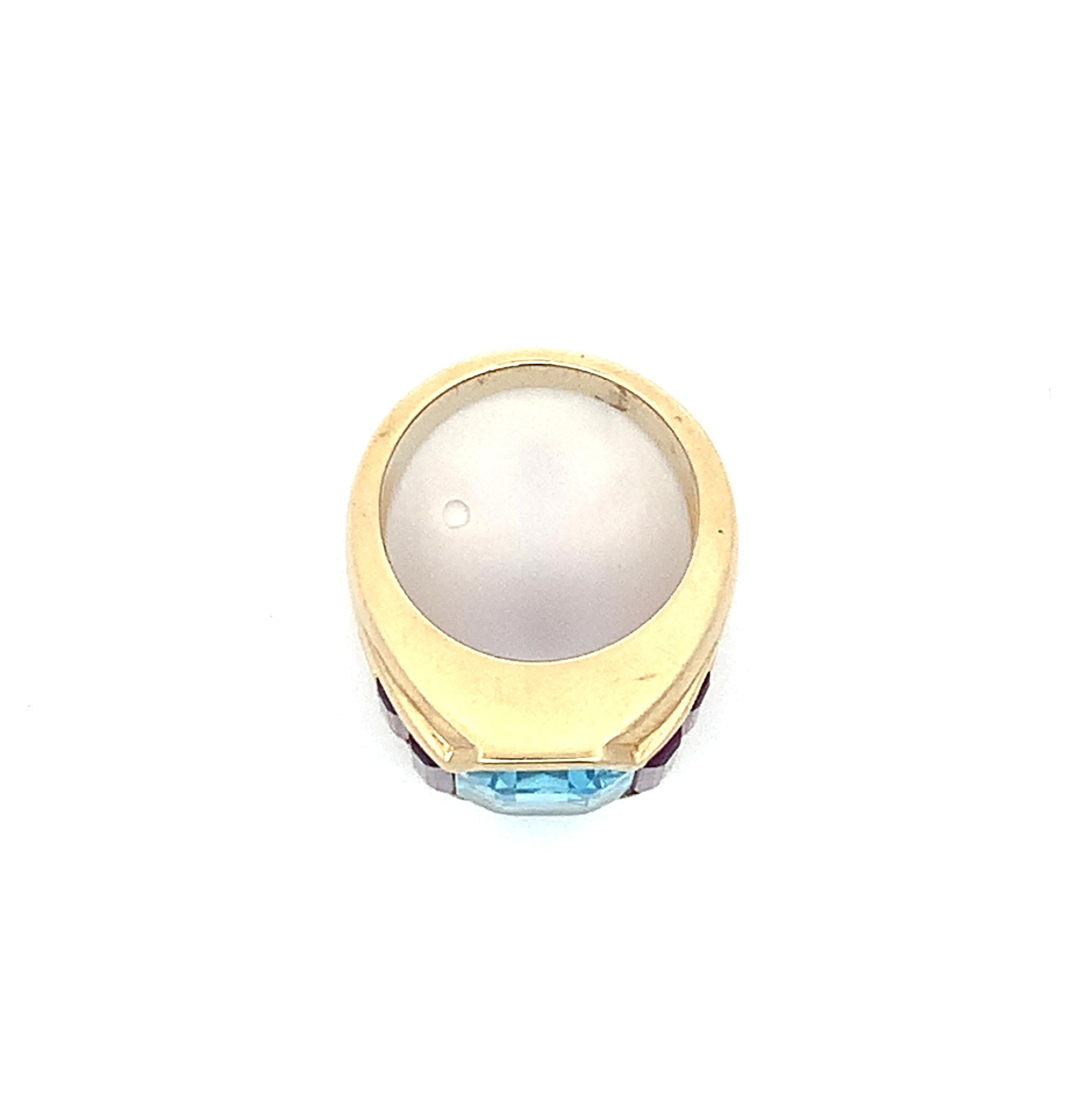 Vintage 14K Yellow Gold Emerald Cut Blue Topaz & Tourmaline Cocktail Band Size 7