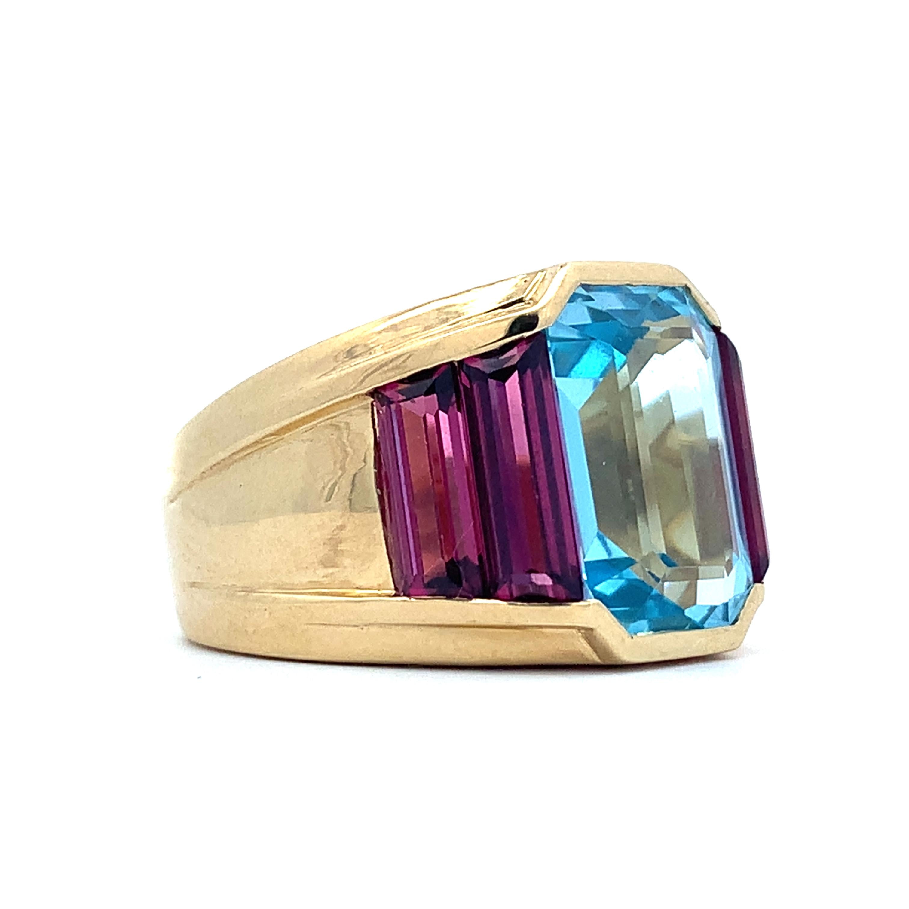 Vintage 14K Yellow Gold Emerald Cut Blue Topaz & Tourmaline Cocktail Band Size 7