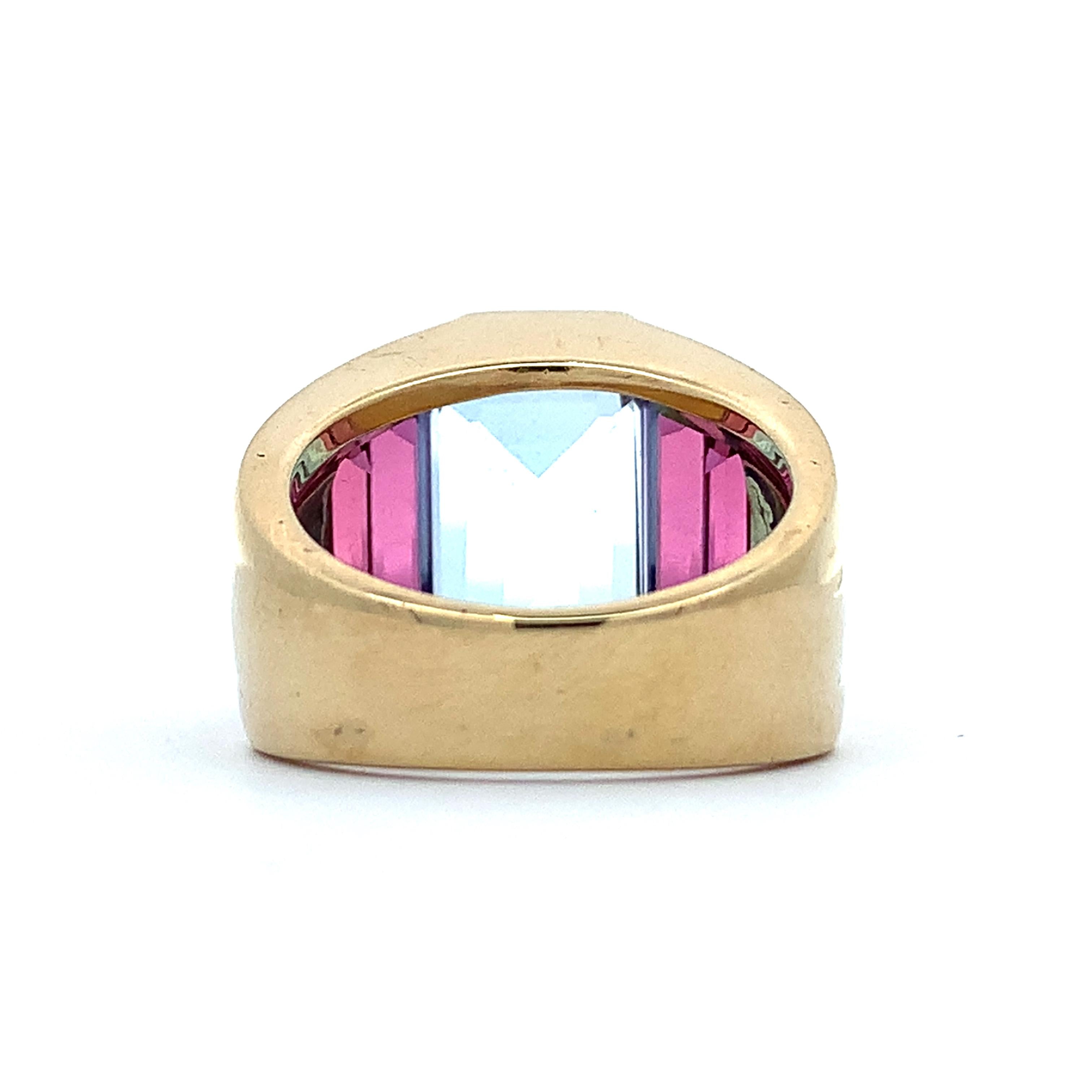 Vintage 14K Yellow Gold Emerald Cut Blue Topaz & Tourmaline Cocktail Band Size 7