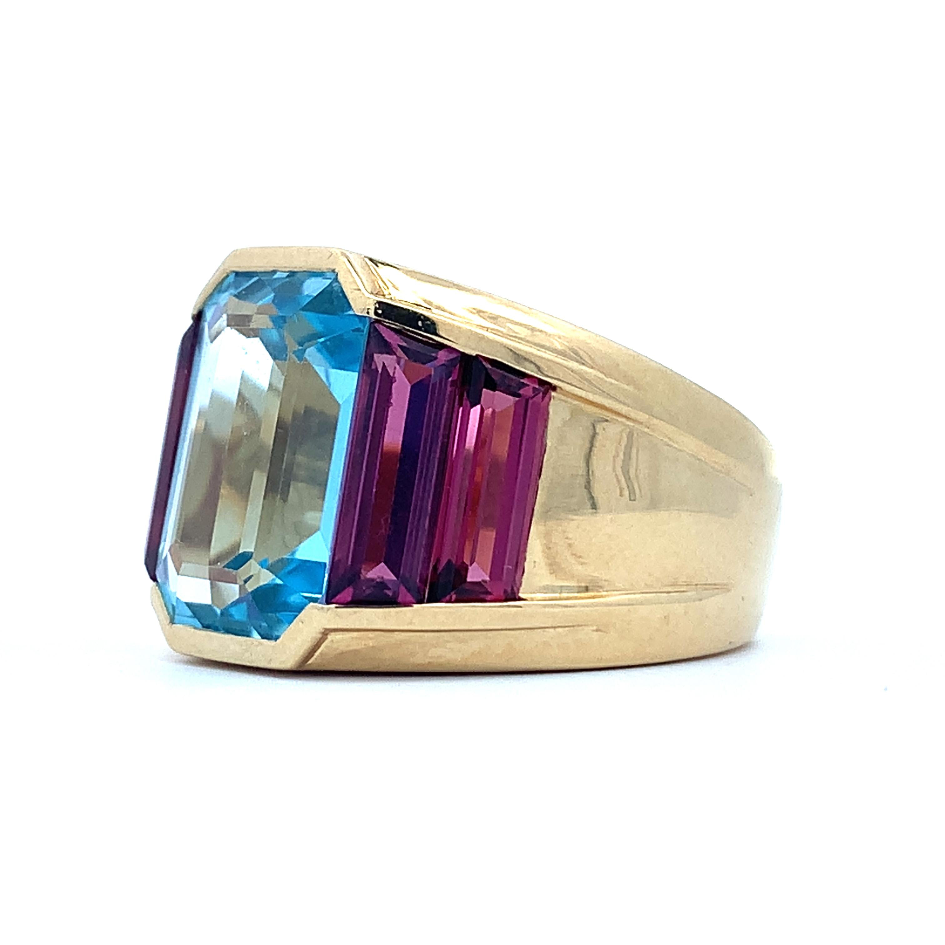 Vintage 14K Yellow Gold Emerald Cut Blue Topaz & Tourmaline Cocktail Band Size 7