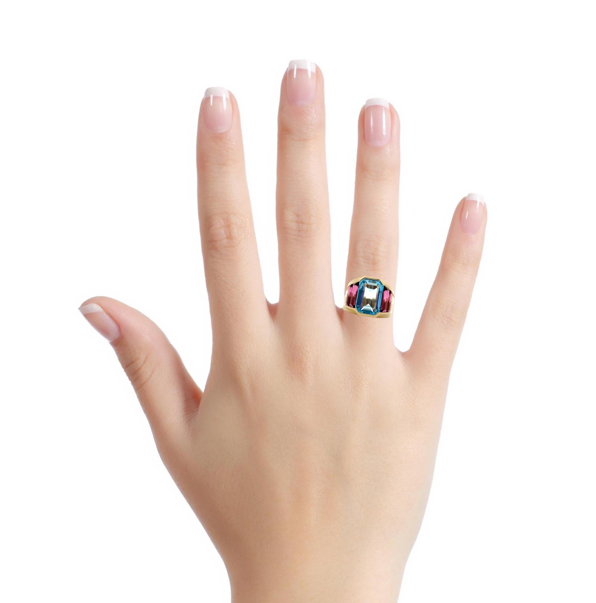 Vintage 14K Yellow Gold Emerald Cut Blue Topaz & Tourmaline Cocktail Band Size 7